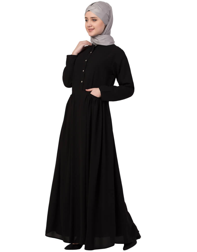 Elegant Black Arabic Front Gathered Pocket Casual Abaya Dress for Women - Perfect for Daily Wear, Prayer, and Special Occasions