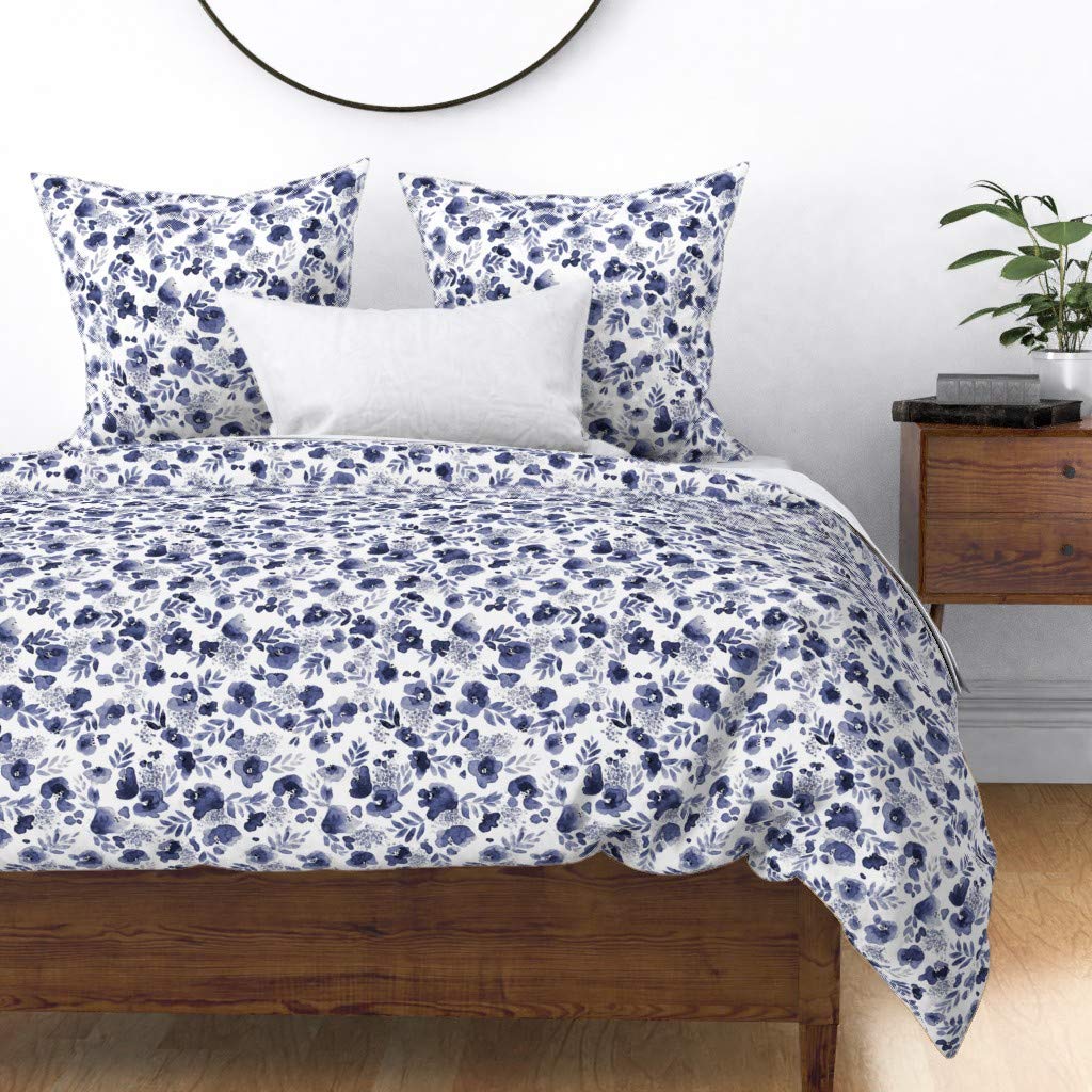 Premium Cotton Sateen Duvet Cover King/California King Size - Indigo Navy Floral Watercolor Design with White Flowers | Custom Bedding Set for Master Bedroom & Guest Room Decor
