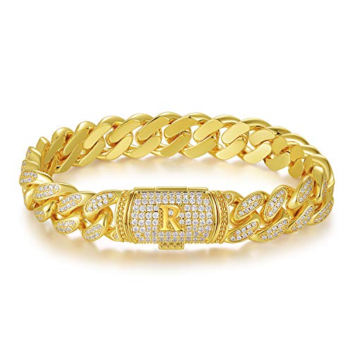 ETEVON Gold Plated Cuban Link Initial Bracelet for Men & Women - Hip Hop Jewelry Gift for Birthday, Christmas, Valentine's Day - Perfect for Husband, Boyfriend, Son (Great for Parties, Date Nights, Special Occasions)