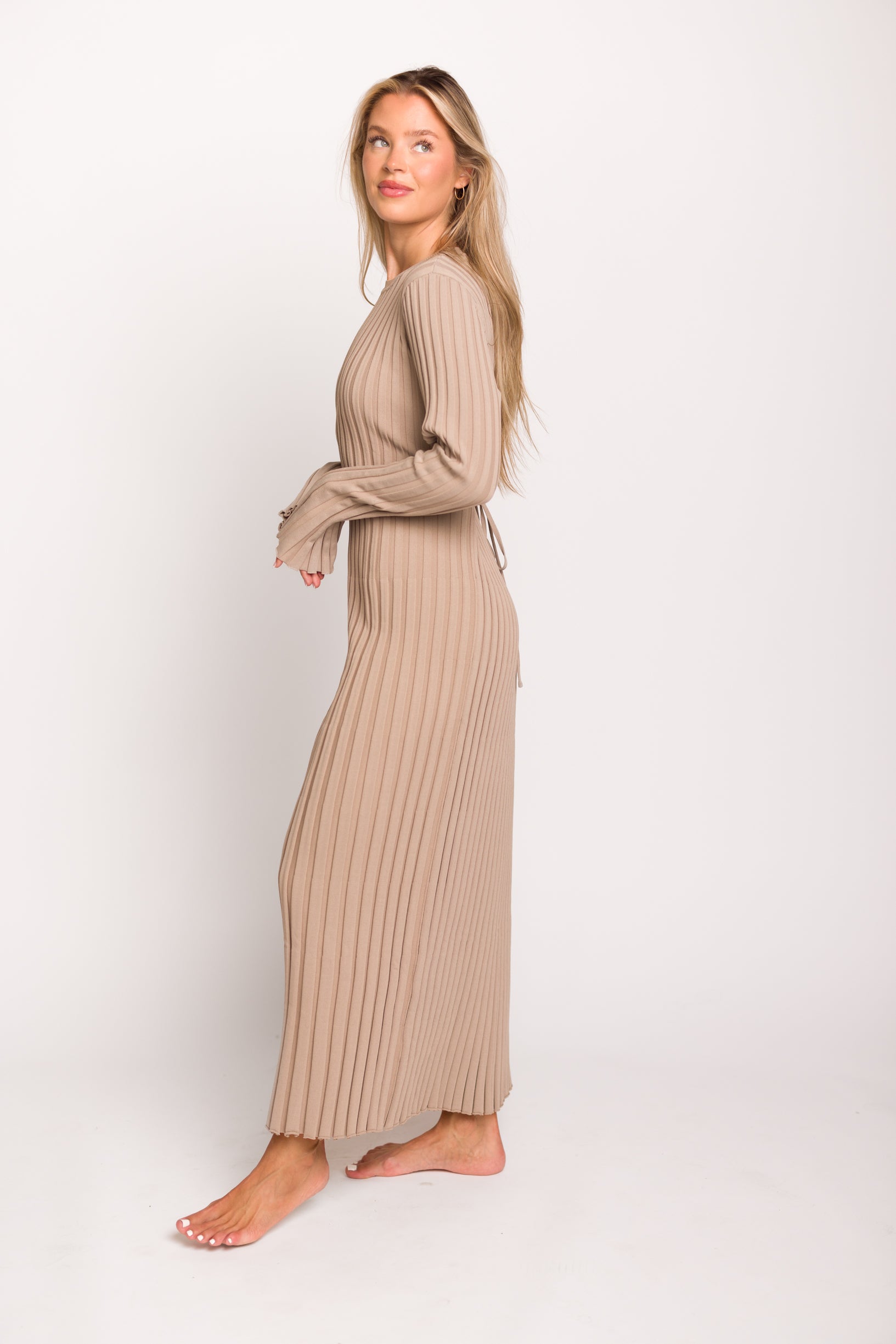 Colette Premium Long Sleeved Ribbed Knit Maxi Dress in Dark Natural - Bump Friendly Maternity Dress for Pregnancy, Nursing & Postpartum | Elegant & Comfortable for Work, Date Night & Special Occasions