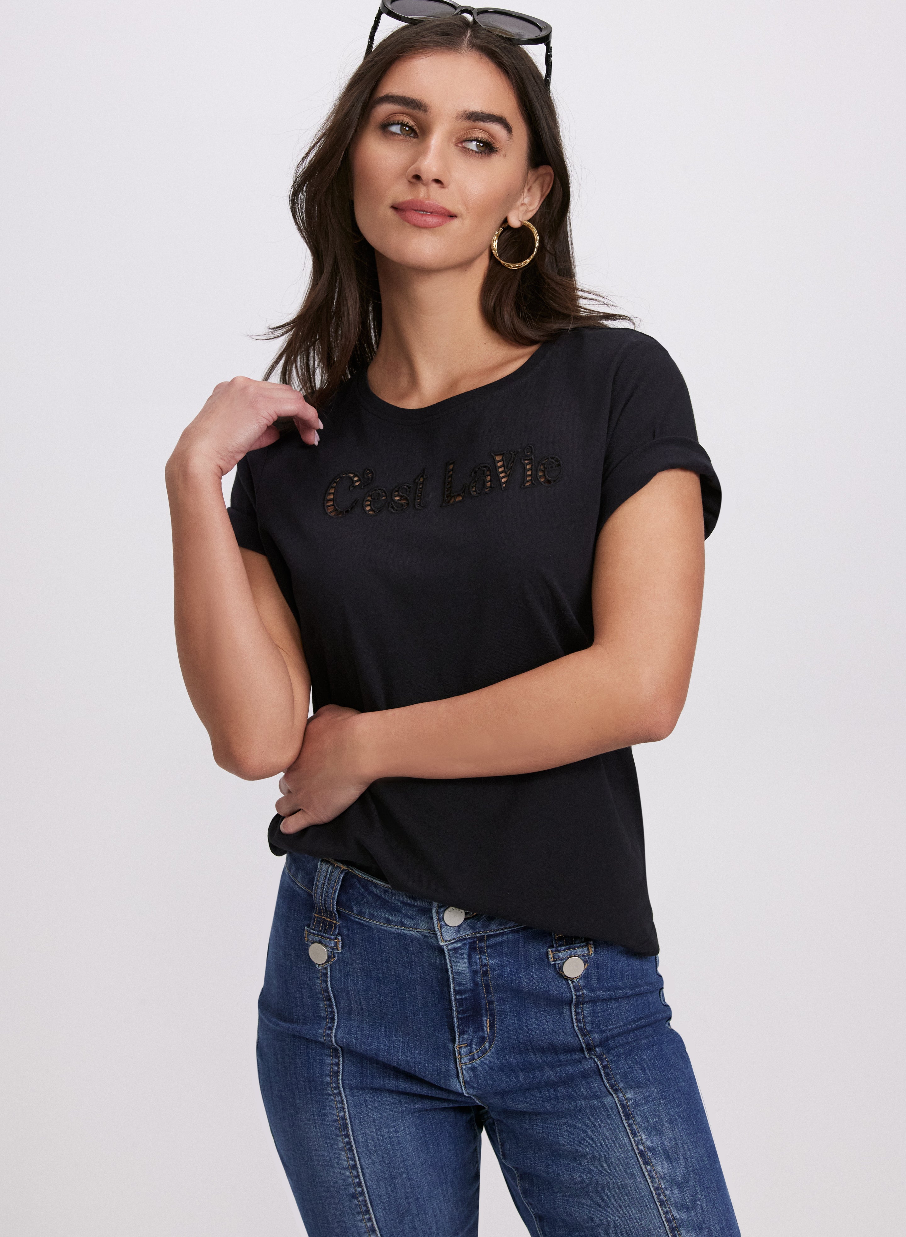 Cut Out Script T-Shirt for Women - Trendy Graphic Tee with Stylish Lettering - Perfect for Casual Wear, Outings & Everyday Fashion