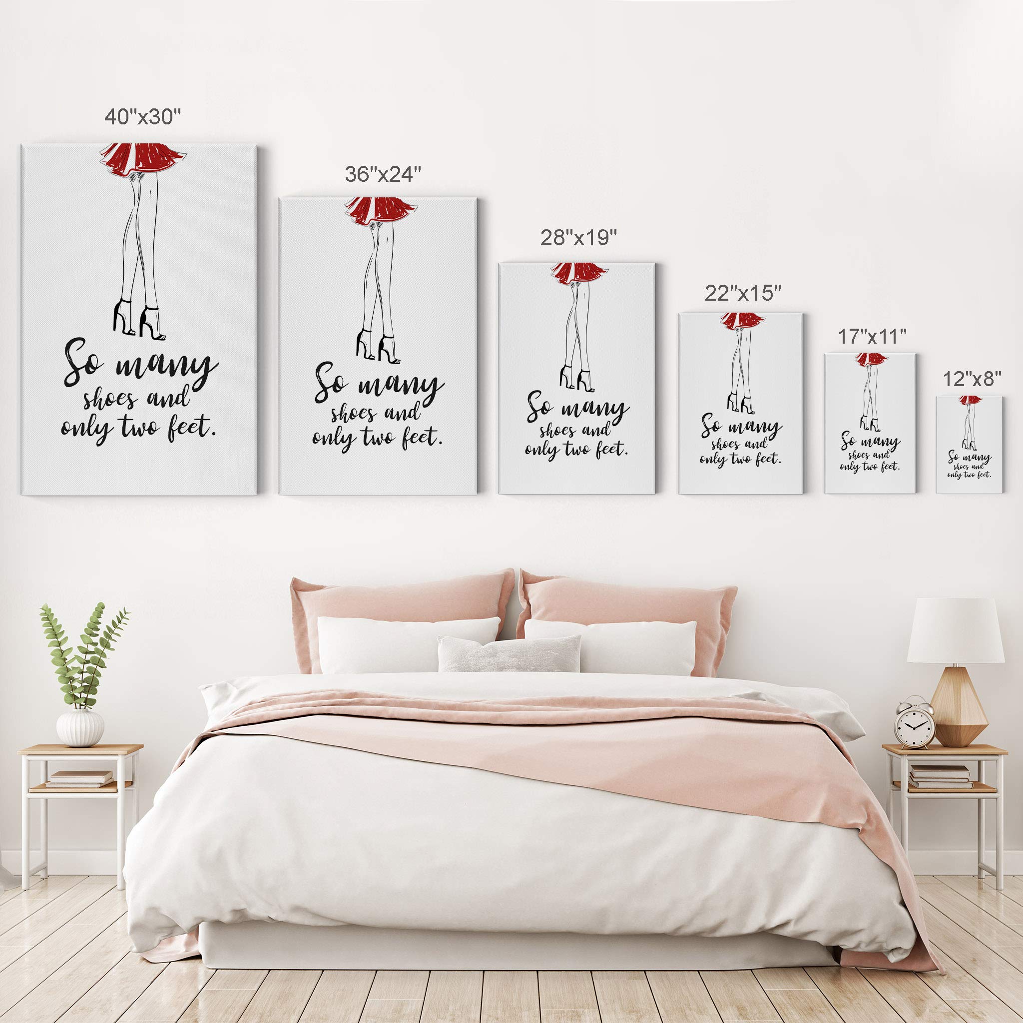 Smile Art Design 'So Many Shoes and Only Two Feet' Quote - Red Skirt Sketch Glam Fashion Canvas Print Wall Art (36x24 inches) - Perfect for Office, Bathroom, Girls Room, Dorm, Bedroom & Living Room Decor - Ready to Hang Home Décor Gift Idea