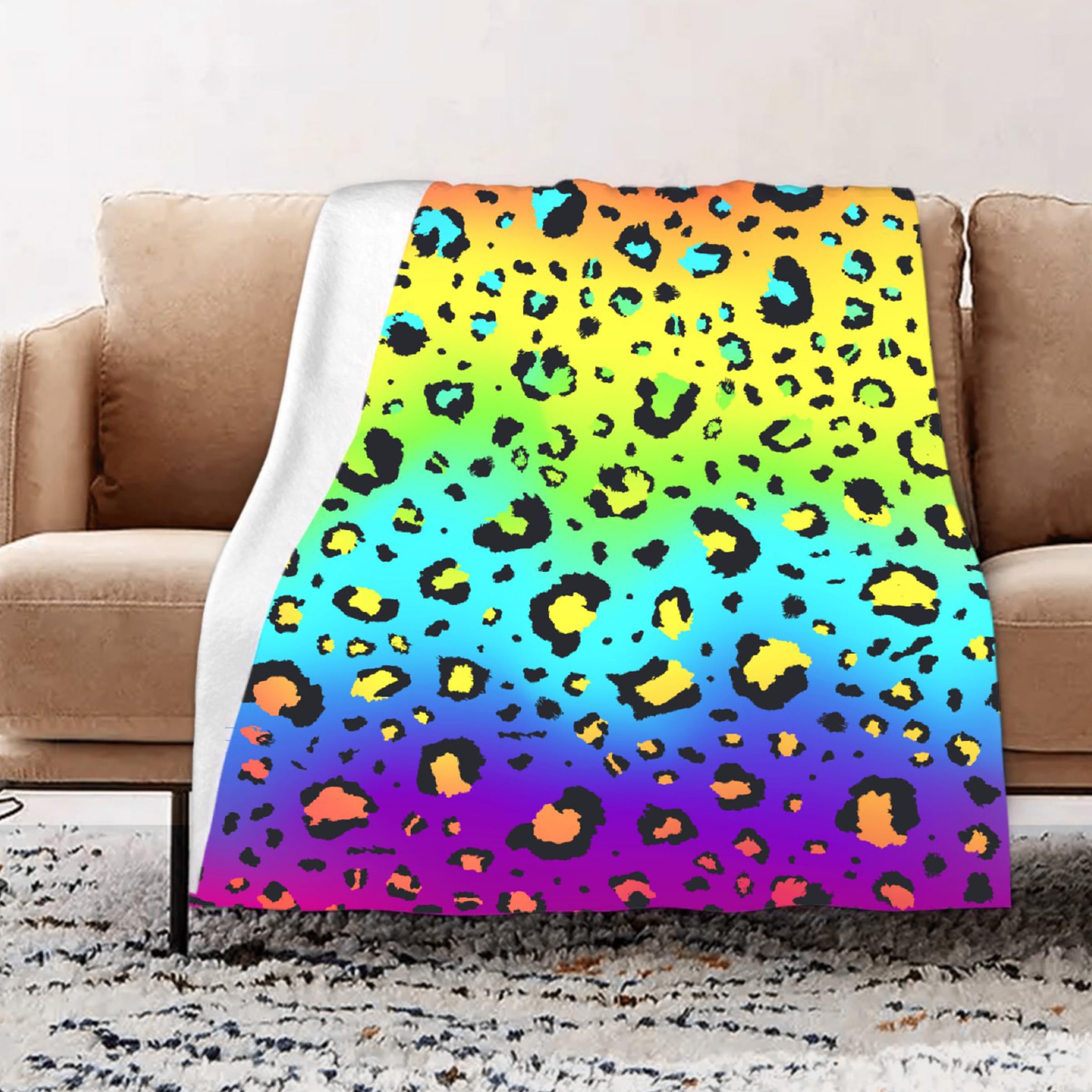 Ultra Soft Flannel Fleece Throw Blanket - Neon Rainbow Leopard Print - All Season Warm & Cozy Quilt - 120