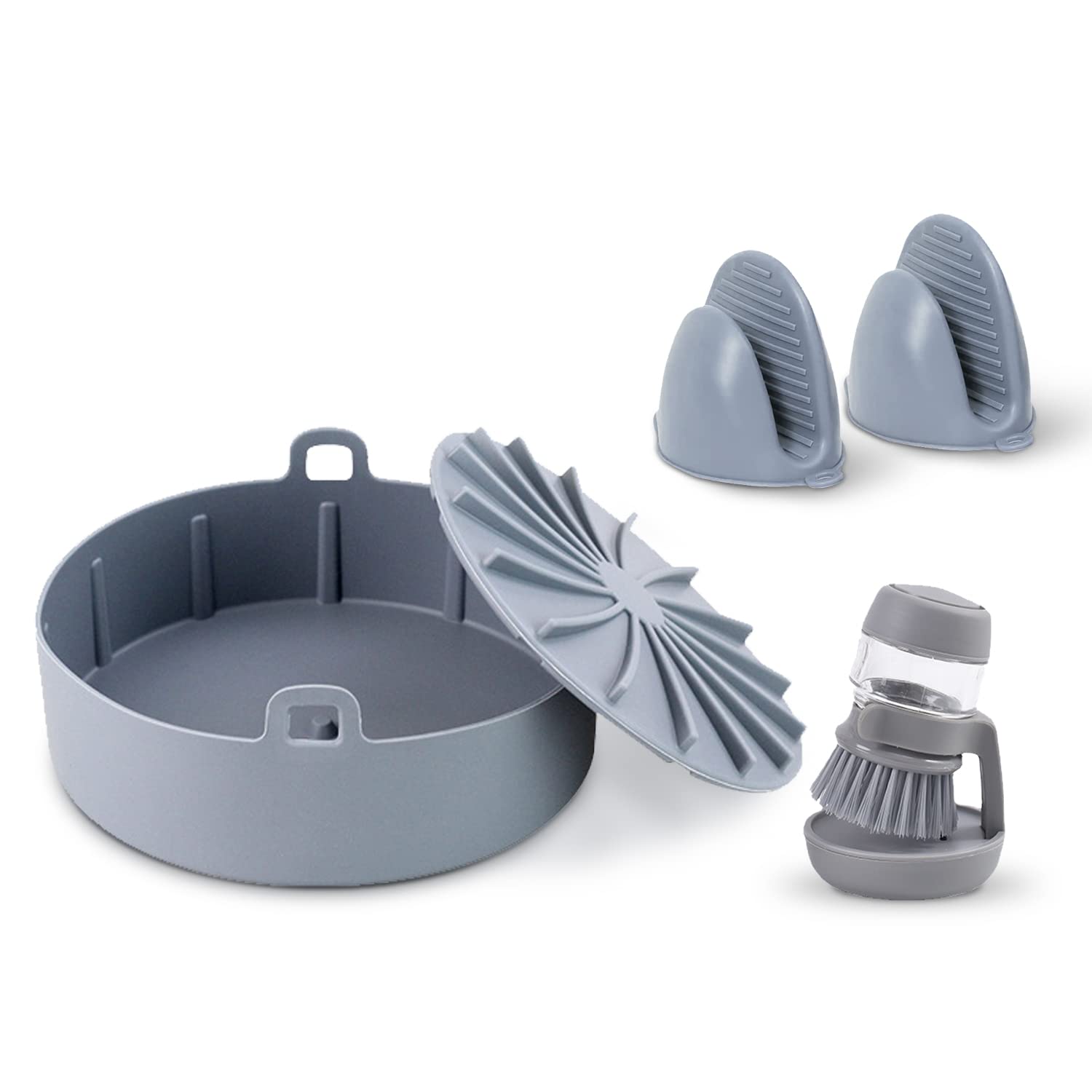 SOOMILE 6 Quart Air Fryer Silicone Pot Set - Heat Resistant Silicone Basket with Gloves & Cleaning Brush - Non-Toxic, BPA-Free Accessories for Healthy Cooking - Perfect for French Fries, Chicken Wings & Vegetables