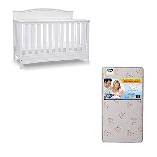Delta Children Emery Deluxe 6-in-1 Convertible Crib - Bianca White | Safe Baby Crib with Toddler Bed Conversion | Includes Twinkle Stars Fiber Core Mattress | Nursery & Kids Bedroom Furniture