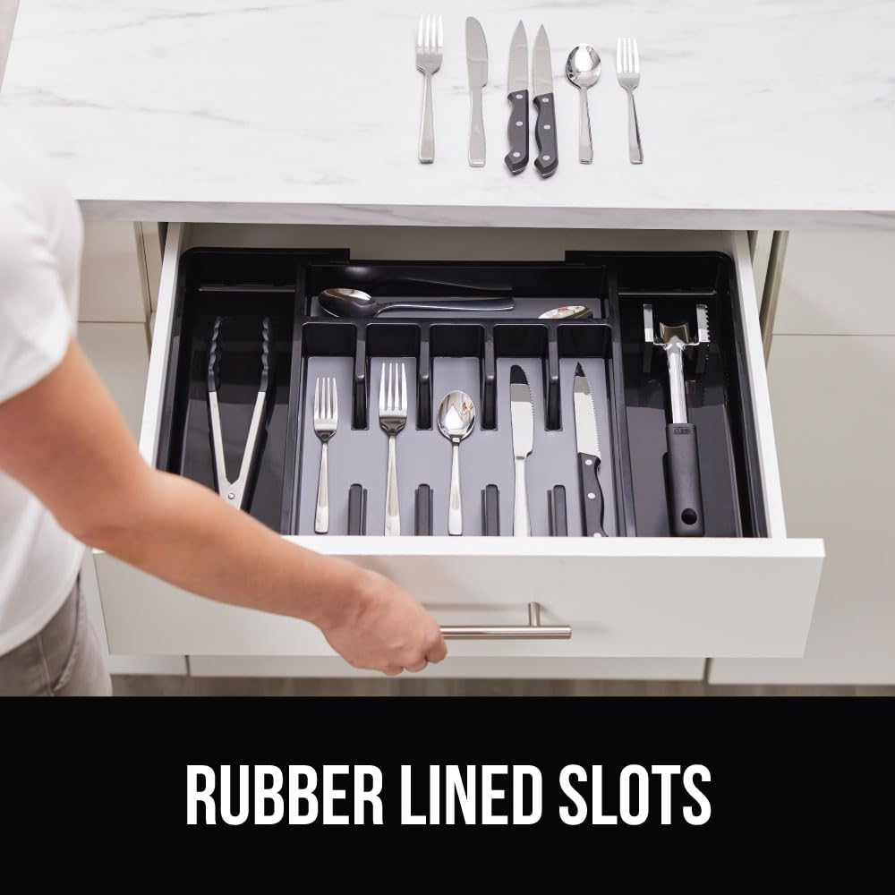 Gorilla Grip Expandable Silverware Organizer for Kitchen Drawers - BPA-Free Adjustable Utensil Tray with Non-Slip Rubber Lining & Grip Feet - Maximize Flatware Storage (Black) | Perfect for Organizing Forks, Spoons & Knives in Home or Restaurant Kitchens