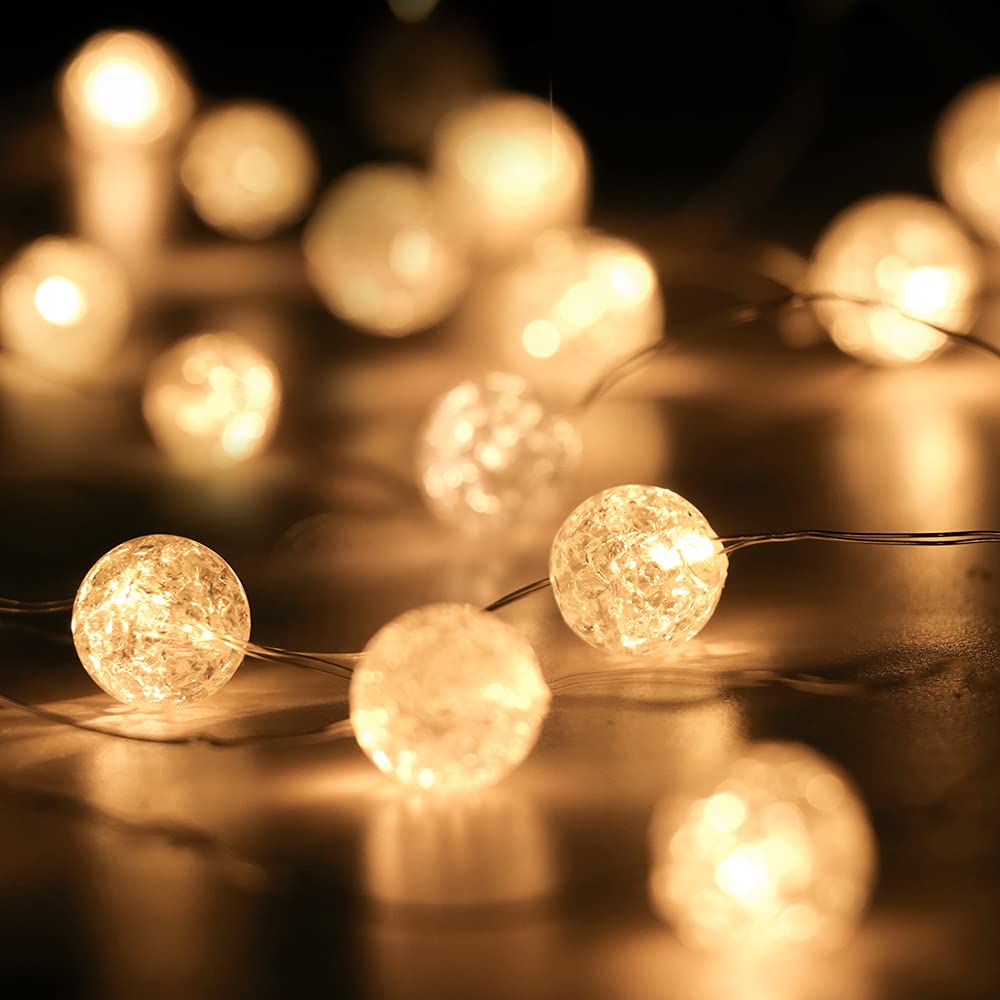 30 LED Crystal Crackle Ball String Lights - 10Ft Battery Operated Fairy Lights for Bedroom Decor, Christmas Tree, Valentine's Day Party & Wedding Decoration - Soft White Globe Lights for Indoor/Outdoor Use