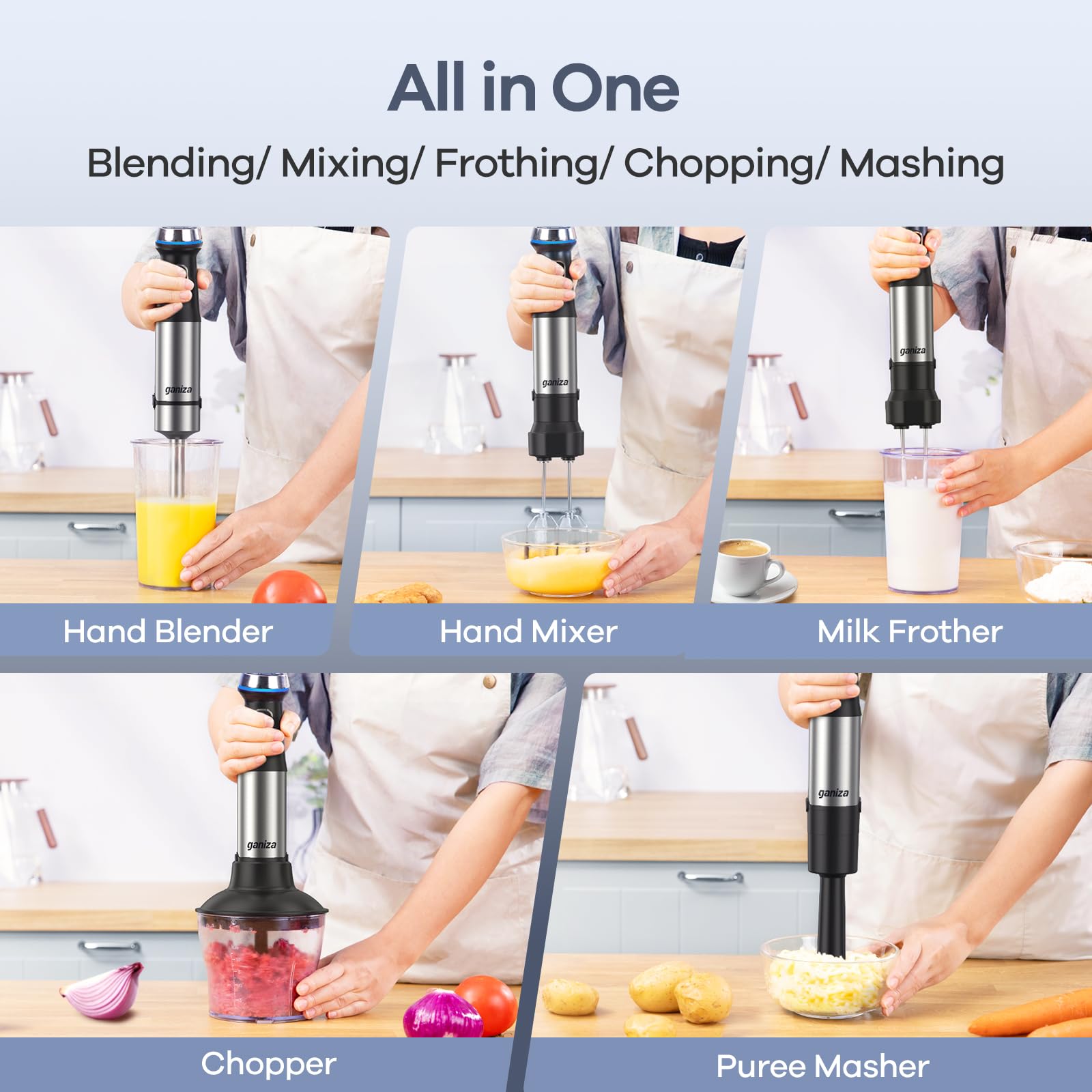Ganiza 6-in-1 Immersion Blender with Stainless Steel Blade - 15-Speed Electric Hand Blender Set Includes 800ml Mixing Beaker, 600ml Chopper, Whisk, Frother & Potato Masher - Perfect for Smoothies, Soups, Baby Food & Baking