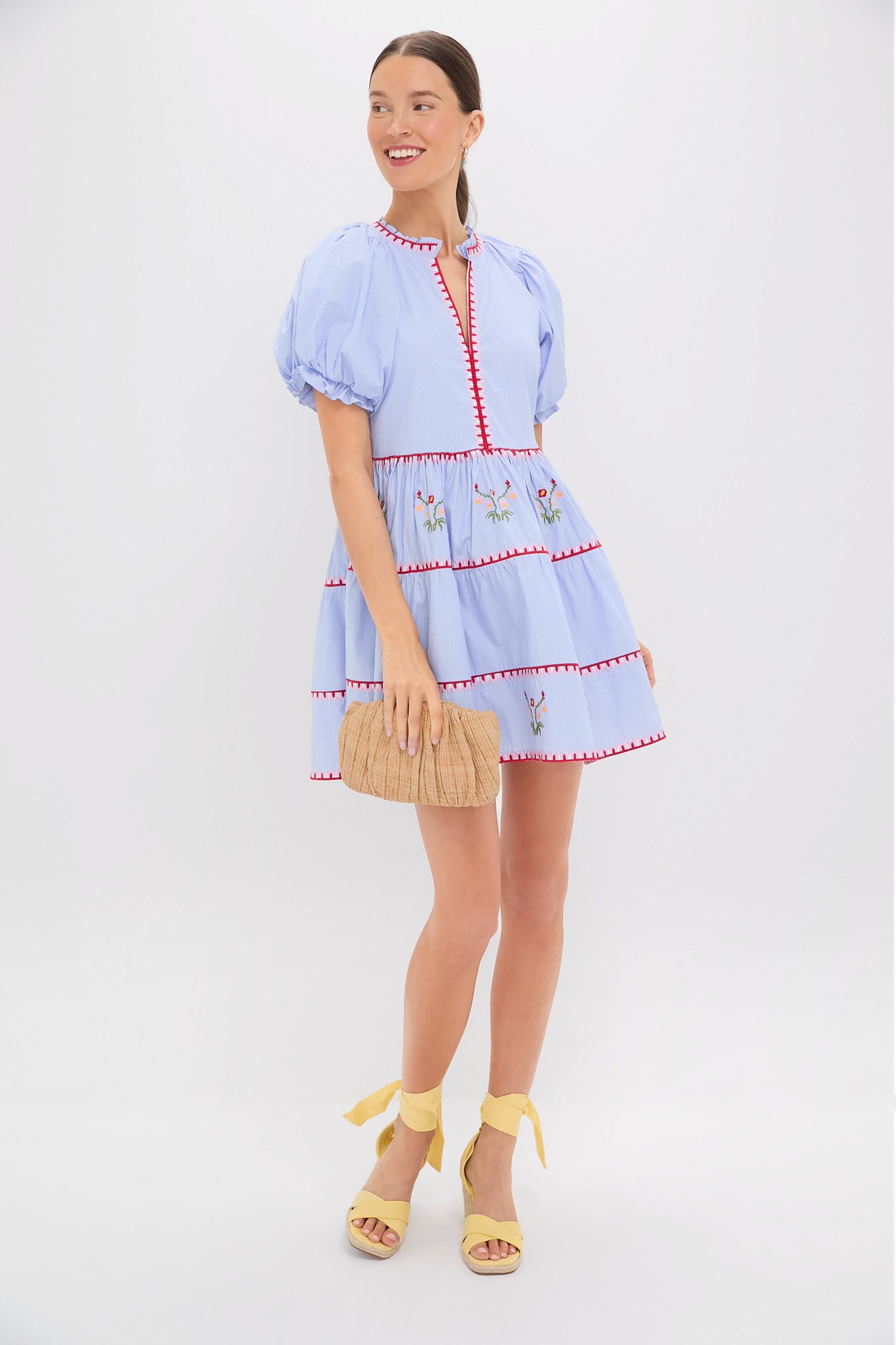 Blue Pinstripe Embroidered V-Neck Lillian Mini Dress for Women - Elegant Cocktail Party & Summer Wedding Guest Outfit