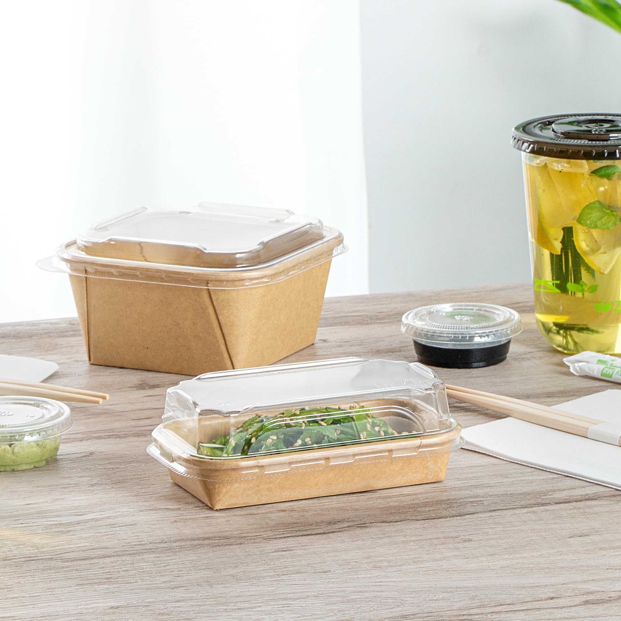 Matsuri Vision 5.6 x 3.2 x 1.2 Inch Clear Plastic Dome Lids for Sushi Containers - 50 Pack Airtight No-Fog Lids (Containers Sold Separately) - Perfect for Sushi Restaurants, Catering & Takeout Boxes