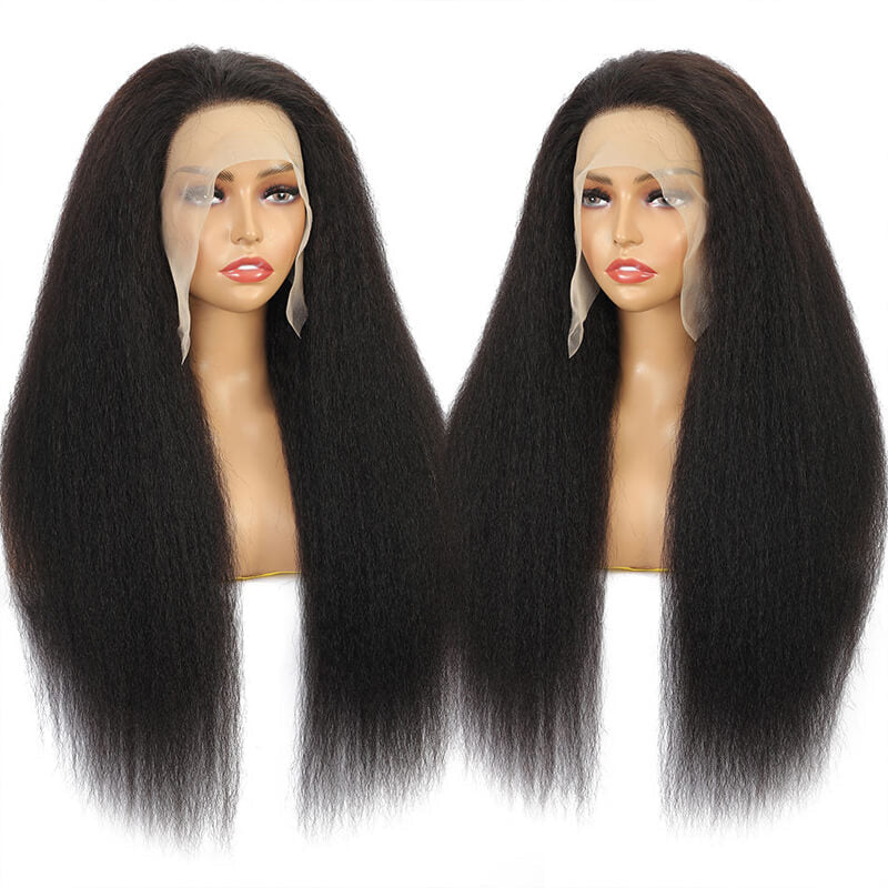 Kinky Straight Human Hair Wigs with Pre-Plucked Lace Frontal - Natural Looking & Breathable for Daily Wear, Parties & Cosplay