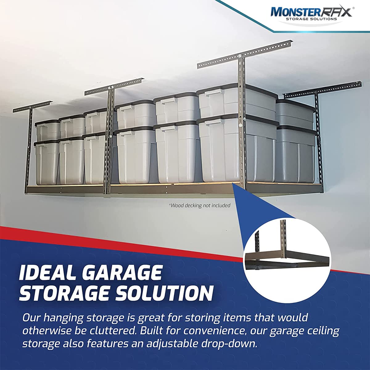 MonsterRax 4x8 Overhead Garage Storage Rack Frame Kit - Heavy Duty Hanging Shelves, Ceiling Mounted Organizer System for Garage Storage (Hammertone, 12