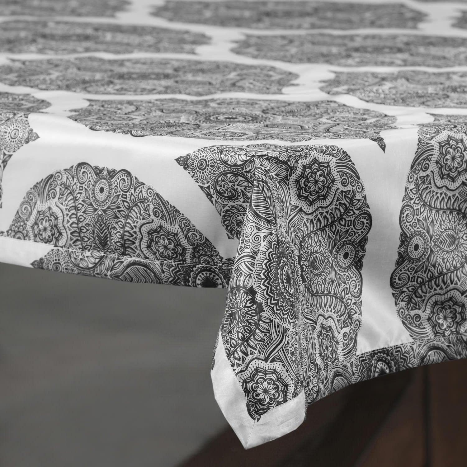 Royal Grey Emblem Designer Faux Silk Taffeta Outdoor Tablecloth - Waterproof & Wrinkle-Resistant Dining Table Cover for Patio, Garden, and Picnic Parties - Elegant Decor for Outdoor Entertaining