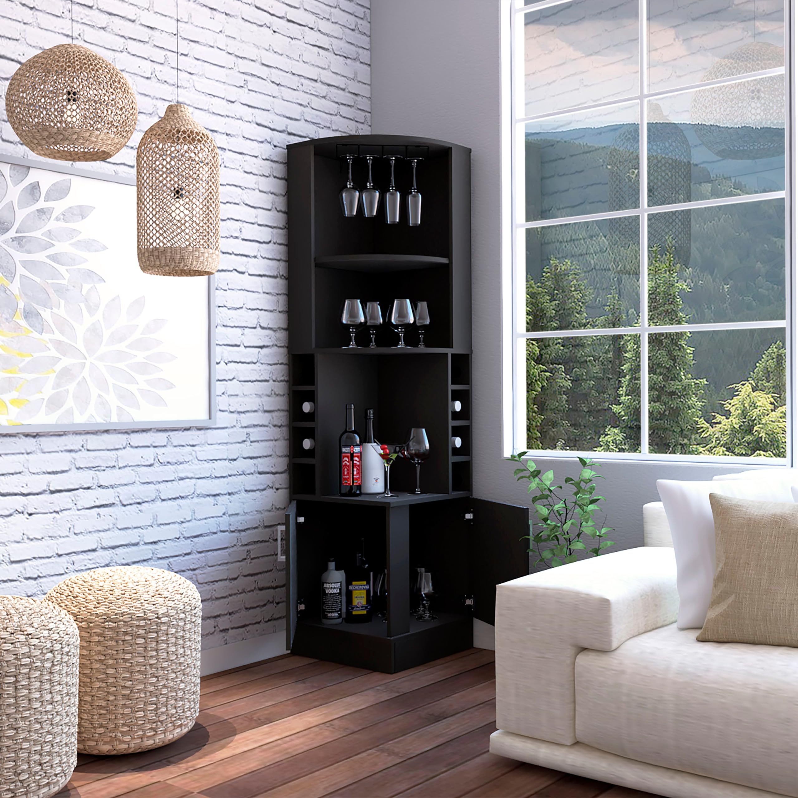 Tuhome Black Syrah Corner Bar Cabinet with 8 Bottle Cubbies, Double Doors & 2 Open Shelves - Space-Saving Home Bar for Living Room, Dining Room or Man Cave