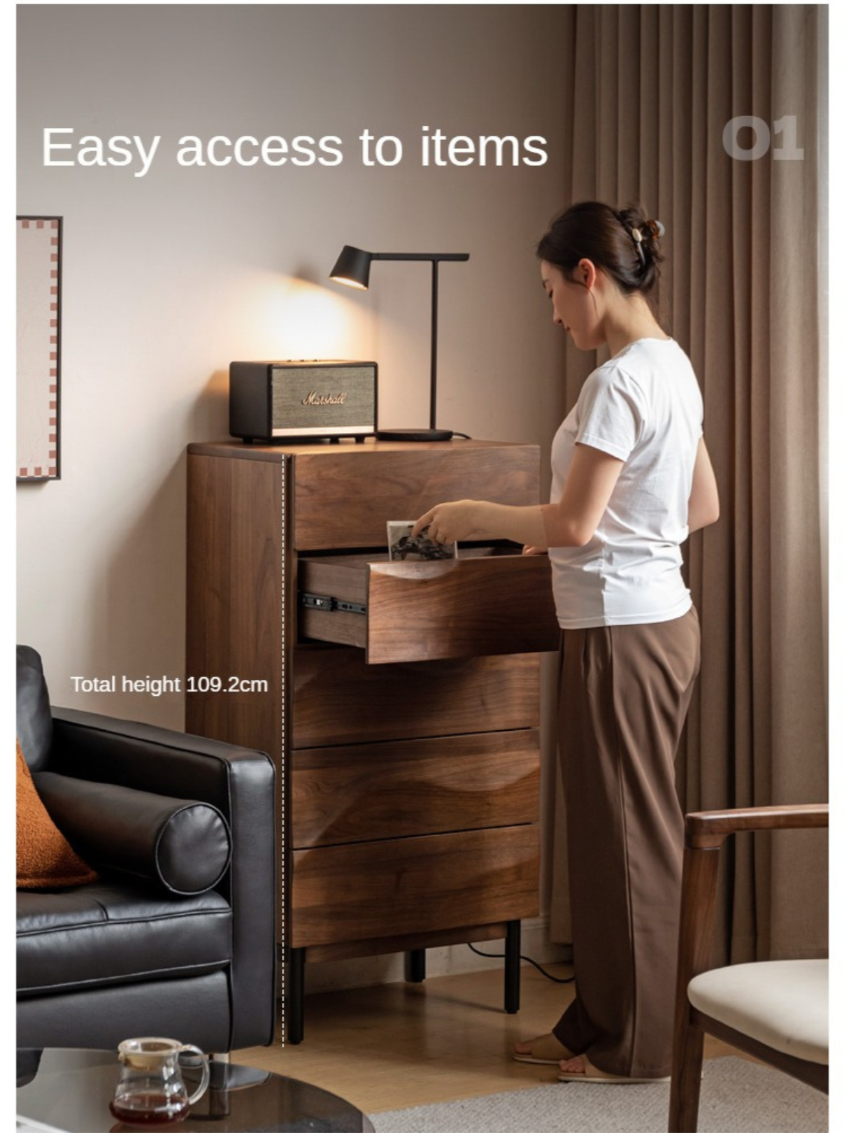 Black Walnut Solid Wood Wave Nightstand - Modern Bedroom Side Table with Drawer for Storage | Perfect for Bedside, Living Room, or Office Use
