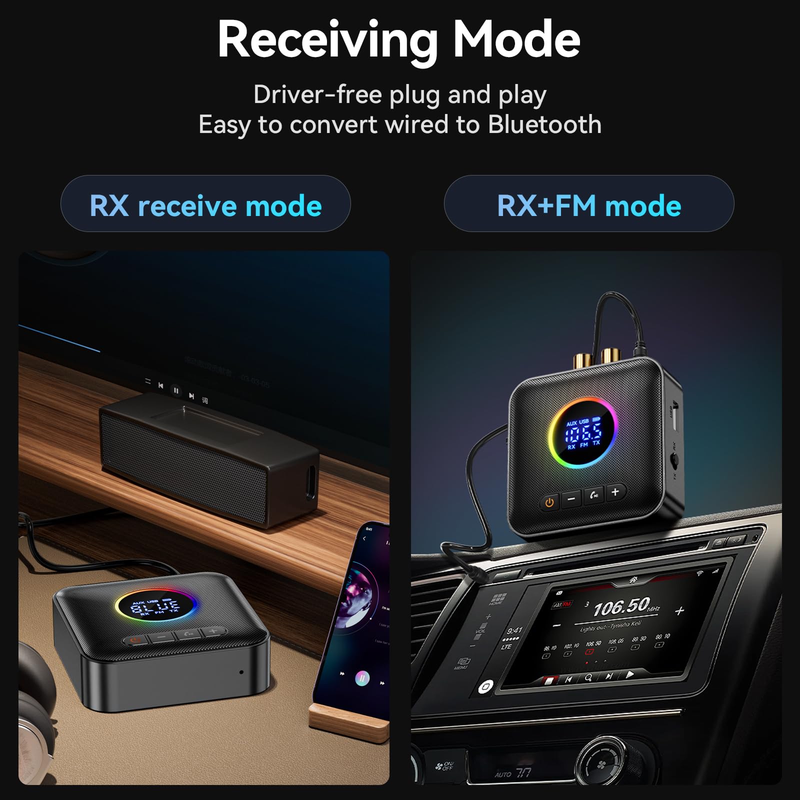Bluetooth 5.4 Transmitter & Receiver - 3-in-1 Wireless Audio Adapter with HiFi Sound, FM Transmitter, LED Display, 3.5mm AUX/RCA/USB - Compatible with TV, Car, PC, Home Stereo & Speakers - Perfect for Streaming Music, Hands-Free Calling & Wireless Audio Conversion