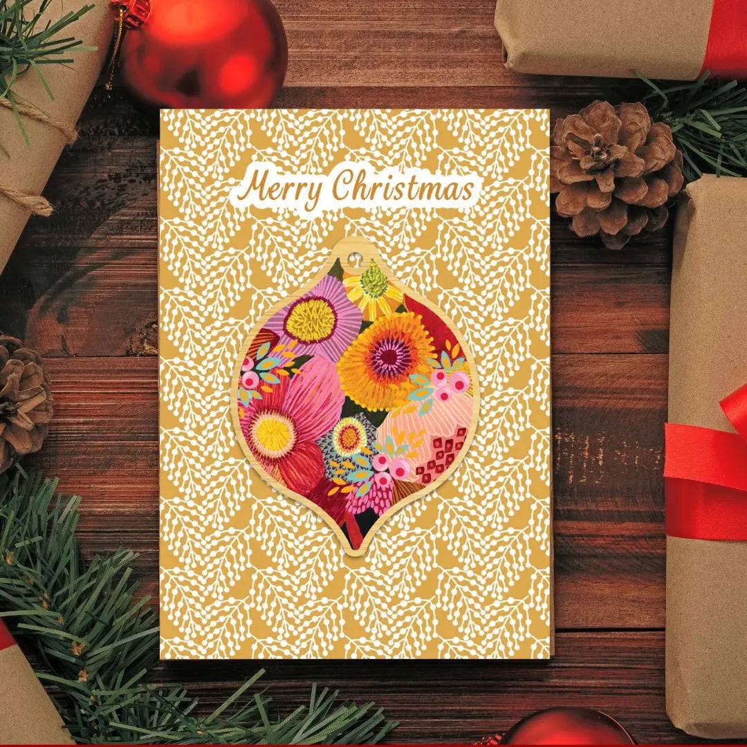 Golden Bunch Australian Christmas Card & Bauble - Festive Holiday Greeting Card with Ornament for Xmas Tree Decorations, Gift Wrapping & Holiday Home Decor