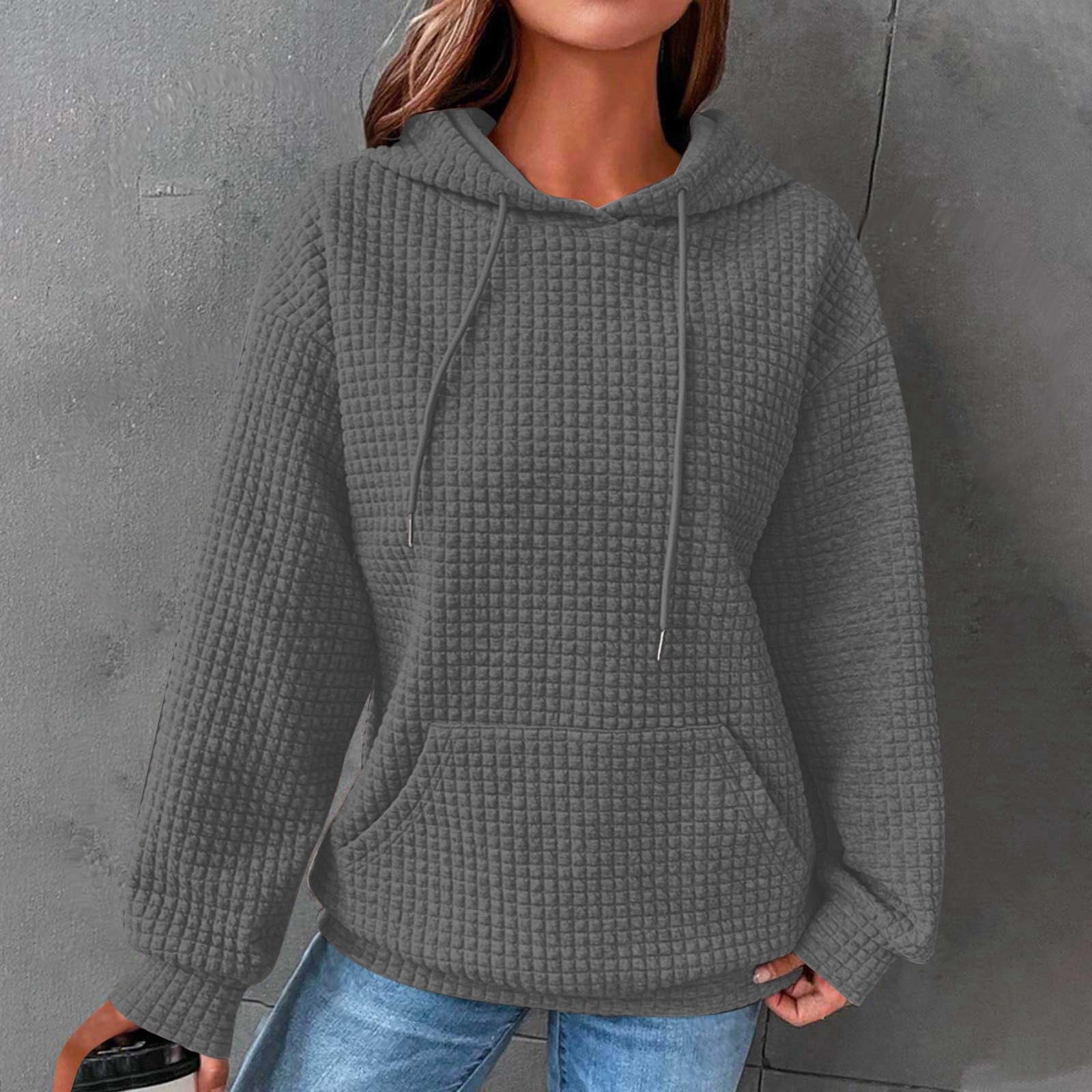 Women's Waffle Hoodie Sweatshirt - Casual Long Sleeve Pullover with Drawstring & Pocket - Plaid Pattern for Fall & Winter - Perfect for Lounging, Travel & Outdoor Activities
