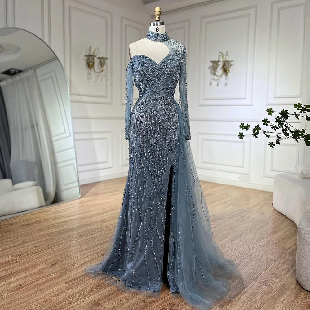 Elegant Blue Beaded Mermaid Evening Dress with High Slit for Women - Wedding, Party, Prom & Formal Gowns - Perfect for 2025 Special Occasions & Arabic Celebrations