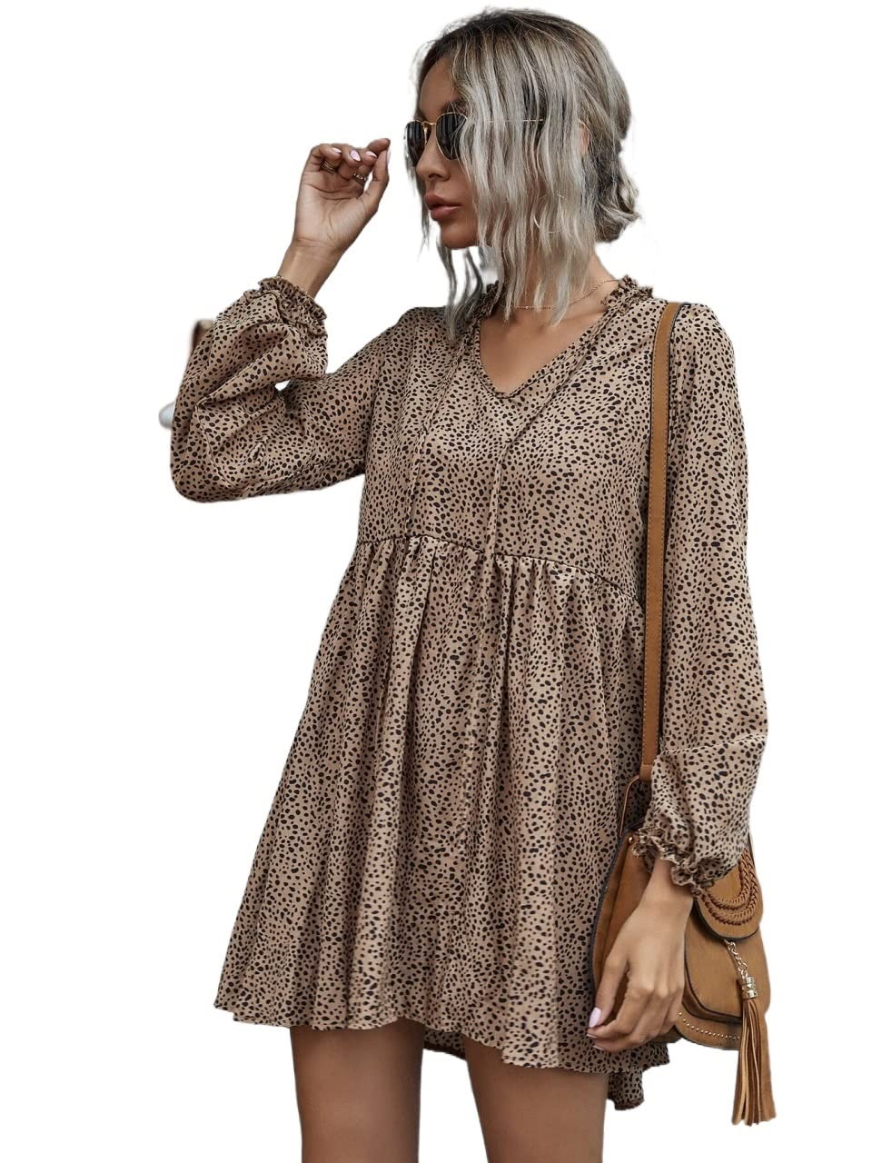 **IFAJOR Women's Summer Dress - Dalmatian Print Tie Neck Smock Dress Casual Flowy Beach Dress (Khaki, X-Large) | Perfect for Vacations, Beach Outings & Casual Wear**