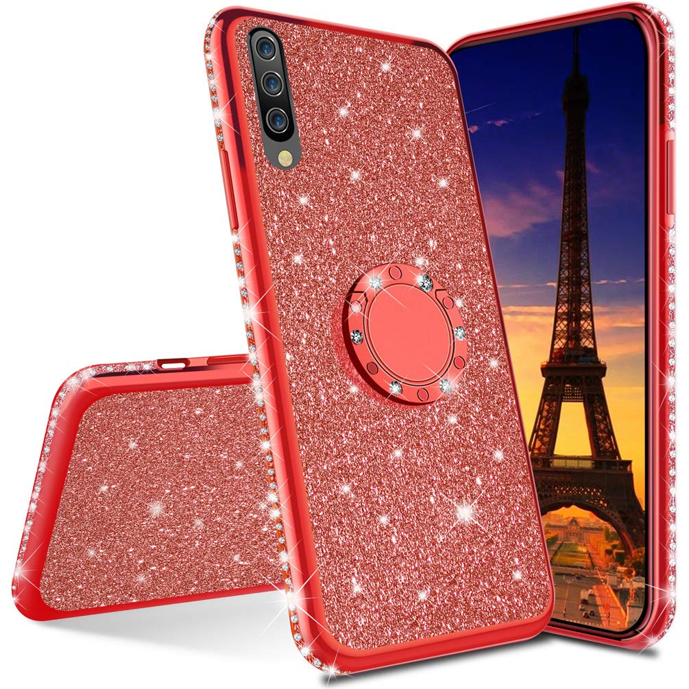 COTDINFORCA Samsung Galaxy A70S Case - Cute Girly Glitter Bling Diamond Rhinestone Bumper with Ring Kickstand, Sparkly Pink Protective TPU Cover for Samsung Galaxy A70S (Red) | Perfect for Everyday Use, Parties, and Adding Stylish Protection to Your Phone