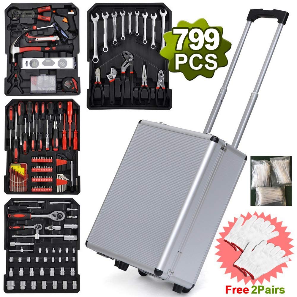799-Piece Aluminum Rolling Tool Case Set - Heavy Duty Mechanics & Auto Repair Hand Tools for Home Maintenance, DIY Projects, Travel & On-the-Go Repairs | Perfect for Professional Technicians & Household Use