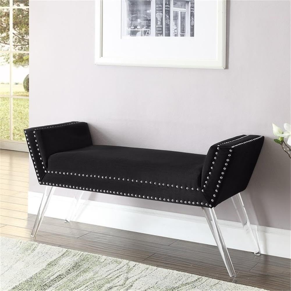 Black Velvet Upholstered Bench with Acrylic Legs - Modern Accent Seat for Bedroom, Living Room & Entryway - Soft Velvet Fabric with Sturdy Acrylic Base - Stylish Home Decor Furniture