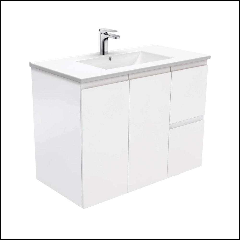Fienza Dolce TCL90ZR 900mm Ceramic Wall-Mounted Vanity with Finger Pull in Satin White - Single Tap Hole, Right-Hand Drawers - Perfect for Modern Bathrooms and Small Spaces