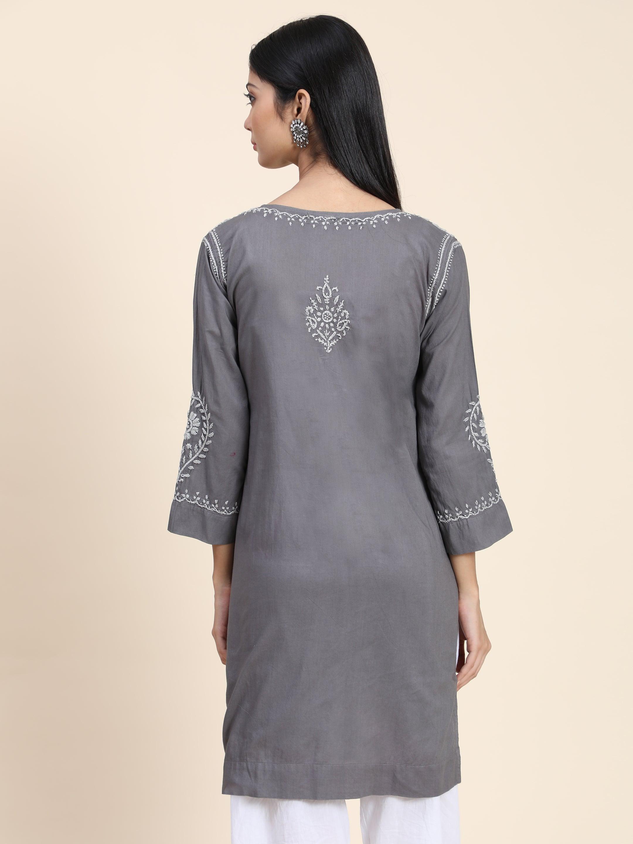 HOK Women's Chikankari Embroidered Short Tunic Top - Grey | Casual Summer Wear, Boho Chic Outfit, Lounge & Vacation Dress