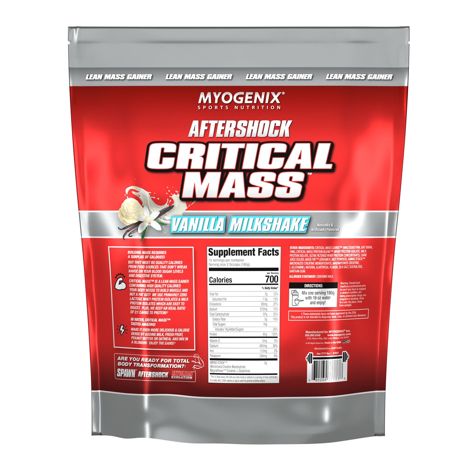 Myogenix Critical Mass Vanilla Whey Protein Powder - 6.01 lbs Lactose-Free Weight Gainer for Muscle Growth & Recovery | Post-Workout & Meal Replacement Supplement for Bodybuilders & Athletes