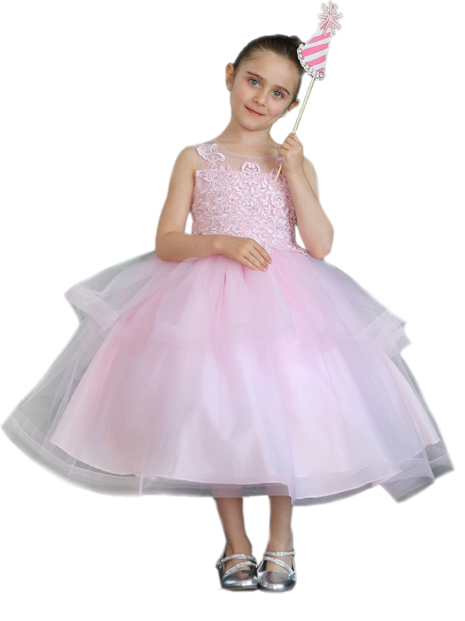 Elegant Big Girls Blush Illusion Neckline Lace Organza Junior Bridesmaid Dress - Sizes 8-16 | Perfect for Weddings, Prom & Special Occasions
