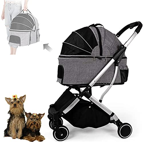 3-in-1 Folding Pet Stroller for Small & Medium Dogs & Cats - 4 Wheel Travel Carrier with Removable Basket - Lightweight & Foldable (Grey) - Perfect for Park Walks, Vet Visits & Shopping Trips