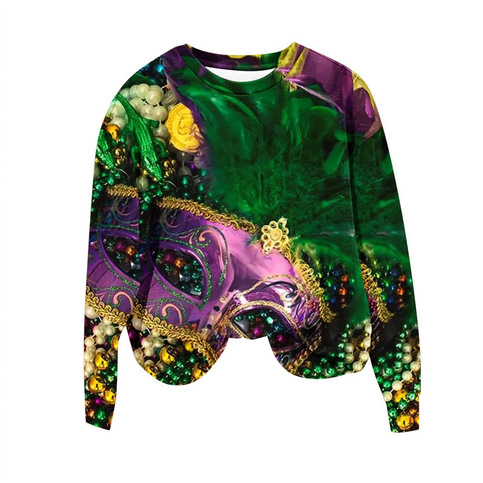 Oelaio Women's Mardi Gras Shirts - Funny Carnival Graphic Print Long Sleeve Crewneck T-Shirts | Lightweight Blouse for Party, Festival & Costume Events