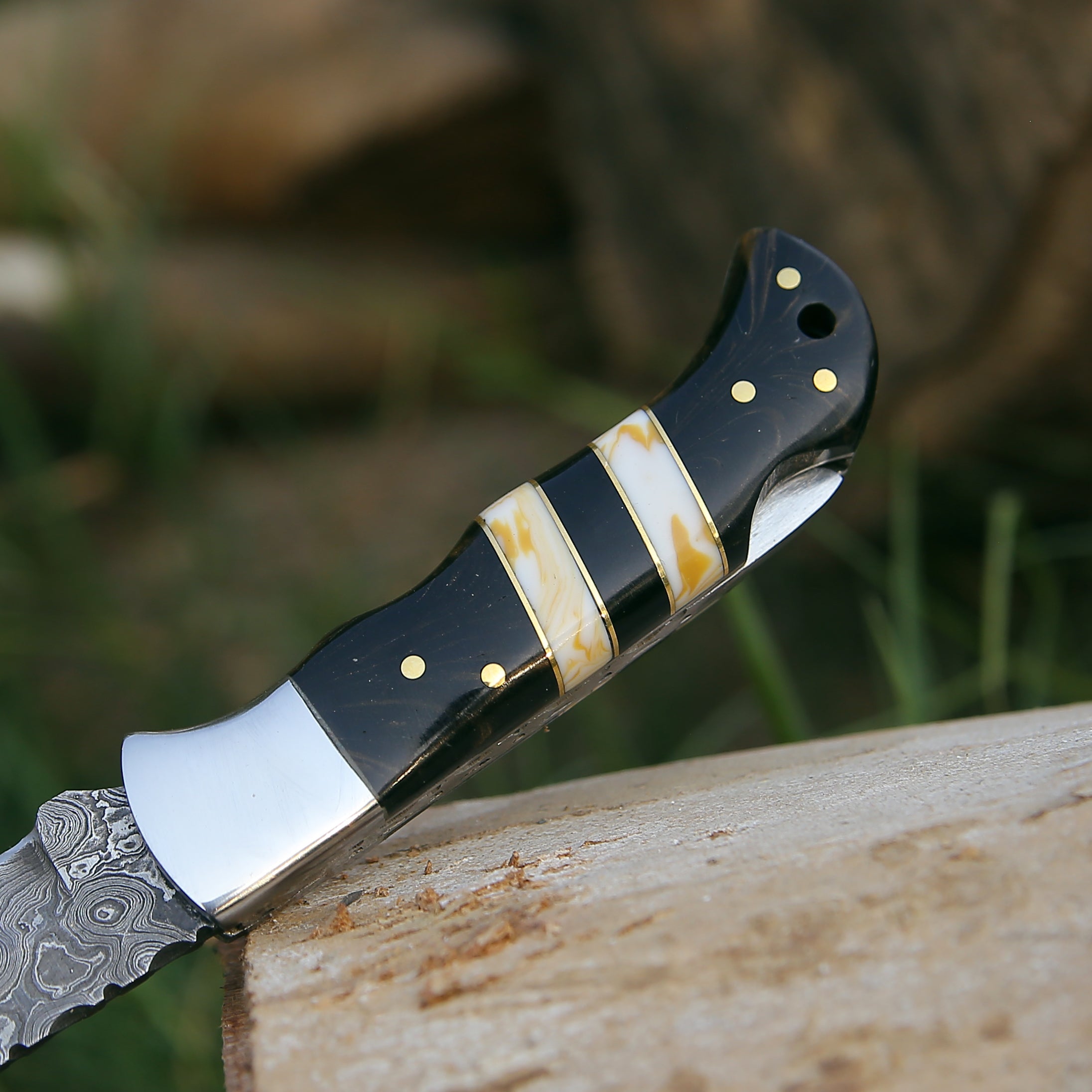 Premium Handmade Damascus Steel Folding Knife with Leather Sheath - Outdoor Camping, Hunting & Survival Gear