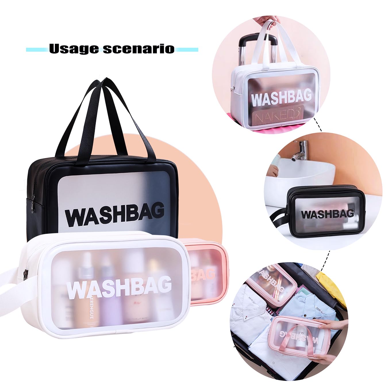 3 Pack Clear Waterproof Travel Toiletry Bags for Women - Transparent Cosmetic & Makeup Organizer - Shower Essentials Storage for Gym, Vacation, Business Trips (White)