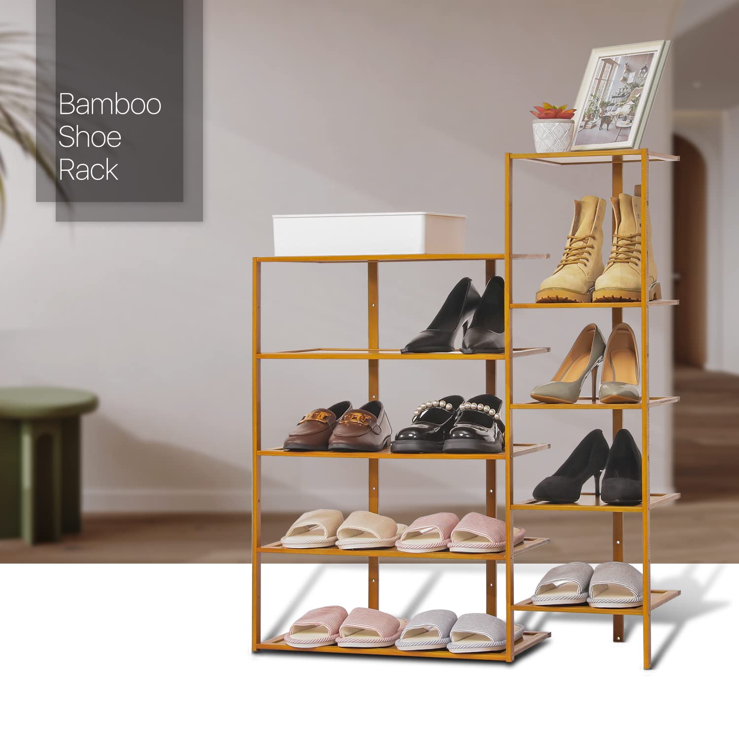 MoNiBloom 10-Tier Bamboo Shoe Rack - Vertical Double Row Space Saving Shoe Organizer for Entryway, Hallway, Bedroom - Sturdy Tall Shoe Storage for Sneakers, Boots & Heels (Brown) | Perfect for Small Spaces & Closet Organization