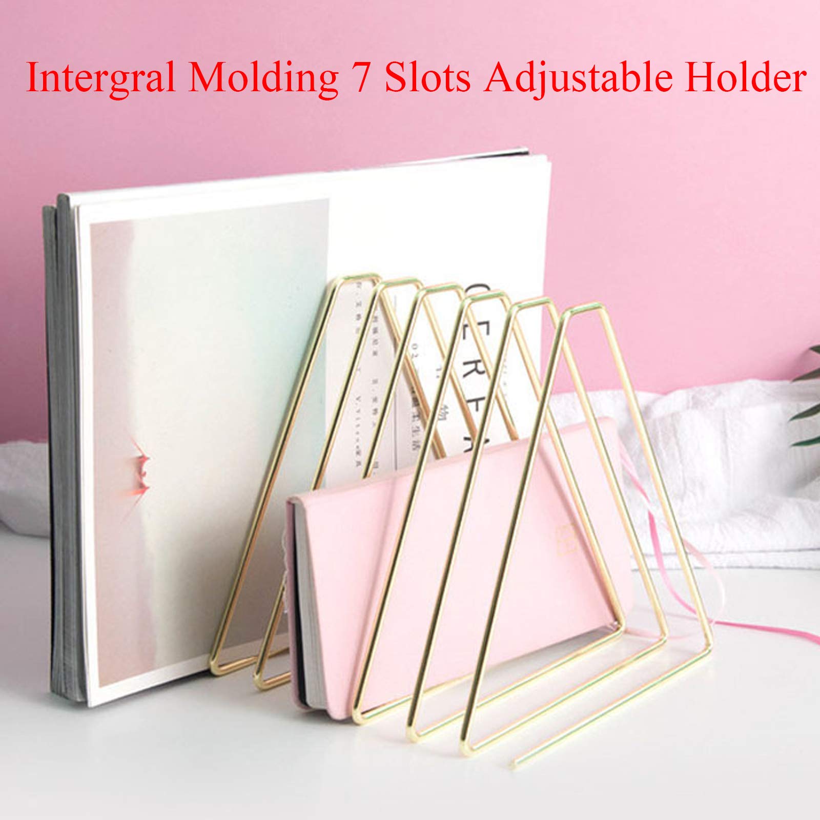 Adjustable Metal Wire Book Holder Stand - 7 Slot Desktop Organizer for Books, Files, Magazines | Triangle Display Rack for Home & Office Decoration | Perfect for Reading, Studying and Workspace Organization (Gold)