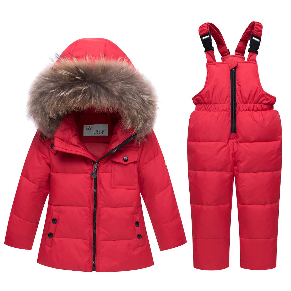 REWANGOING Winter Warm Two-Piece Fur Trim Hooded Puffer Down Jacket & Ski Bib Pants Set for Baby Girls - Cozy Snowsuit for Outdoor Play, Skiing & Cold Weather Adventures