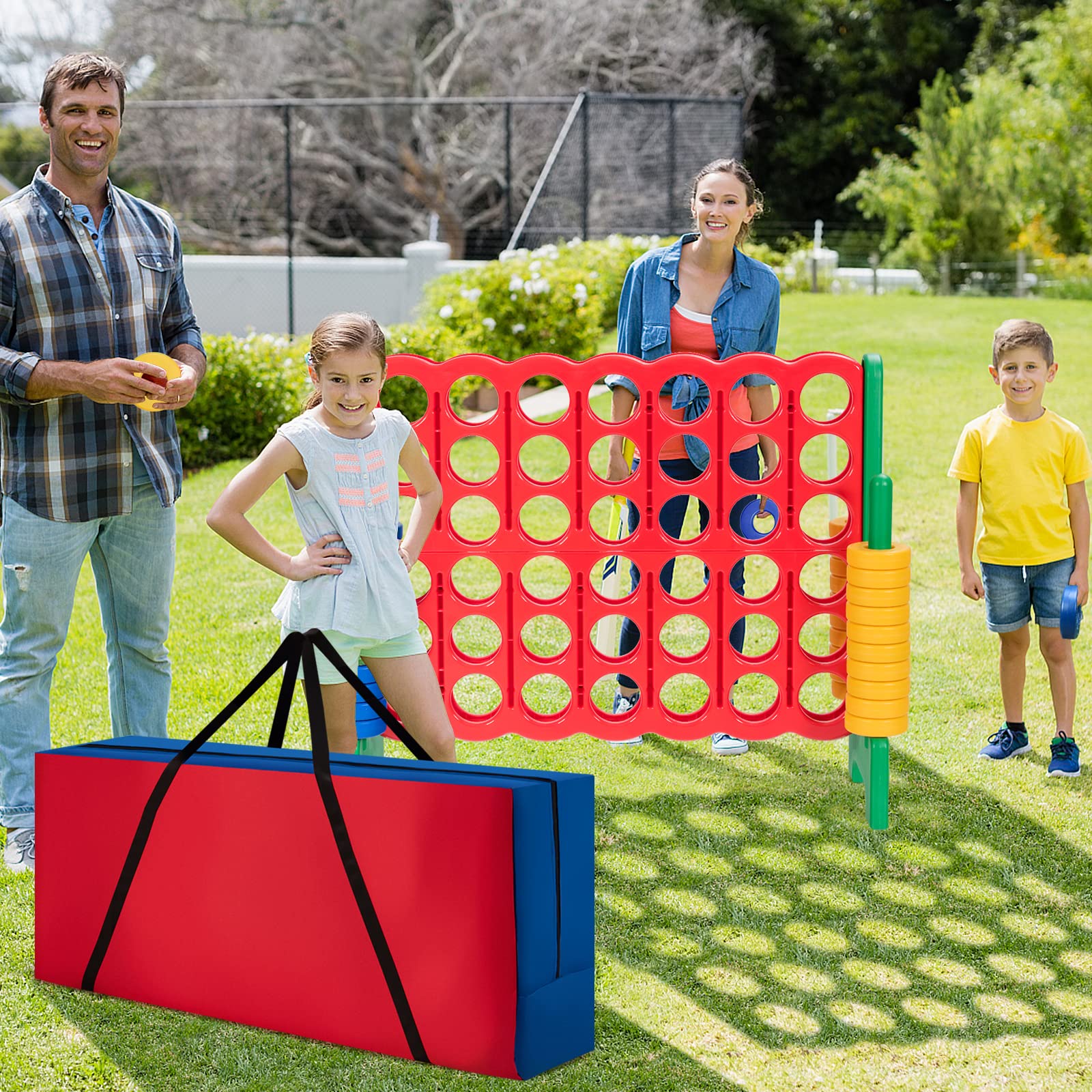 COSTWAY Jumbo 4-in-a-Row Giant Connect Game Set with Storage Bag - 42 Oversized Rings & Quick-Release Slider for Kids & Adults - Perfect for Family Game Night, Backyard Parties, Camping Trips & Indoor Fun