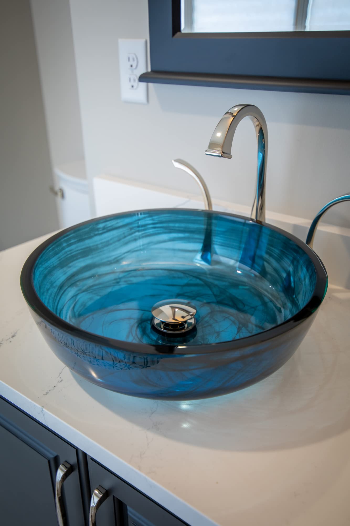 Transparent Dark Blue Mist Flat Bottom Glass Vessel Sink - Modern Bathroom Vanity Sink for Contemporary Home Decor