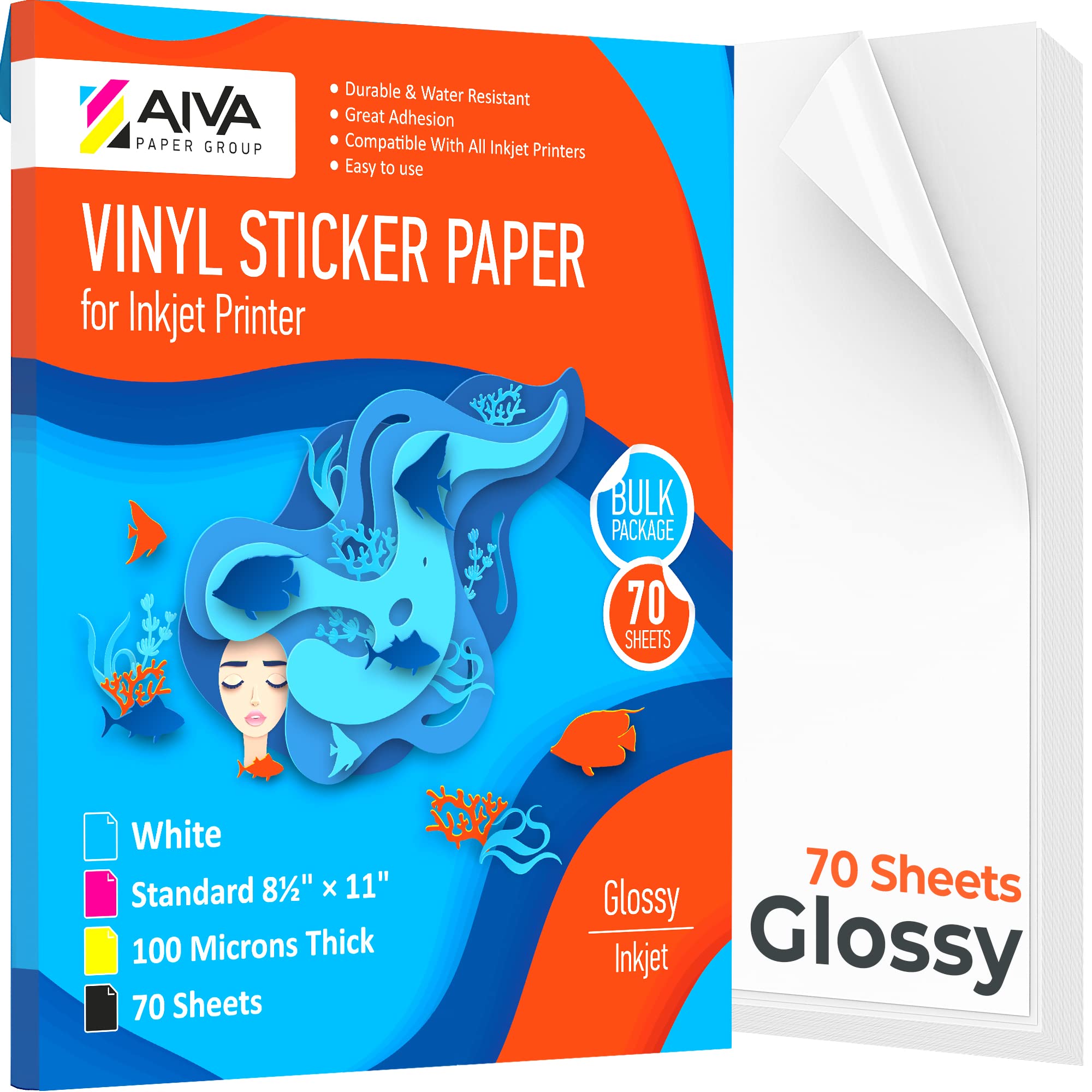Waterproof Printable Vinyl Sticker Paper for Inkjet Printers - 70 Sheets Glossy White Self-Adhesive Decal Paper - 8.5