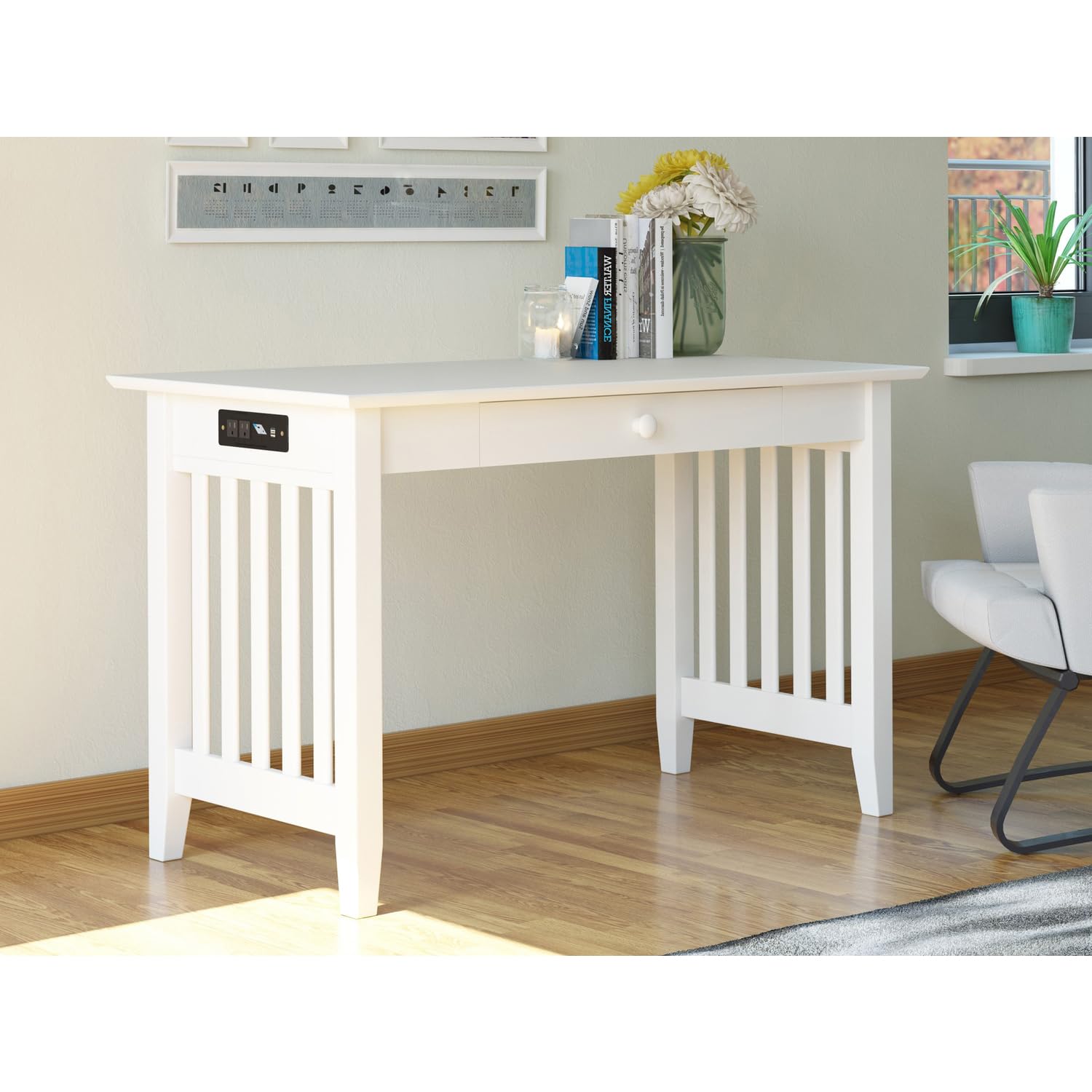 AFI Mission Style White Wooden Desk with Drawers & Built-in USB Charger - Perfect for Home Office, Study Room & Small Spaces