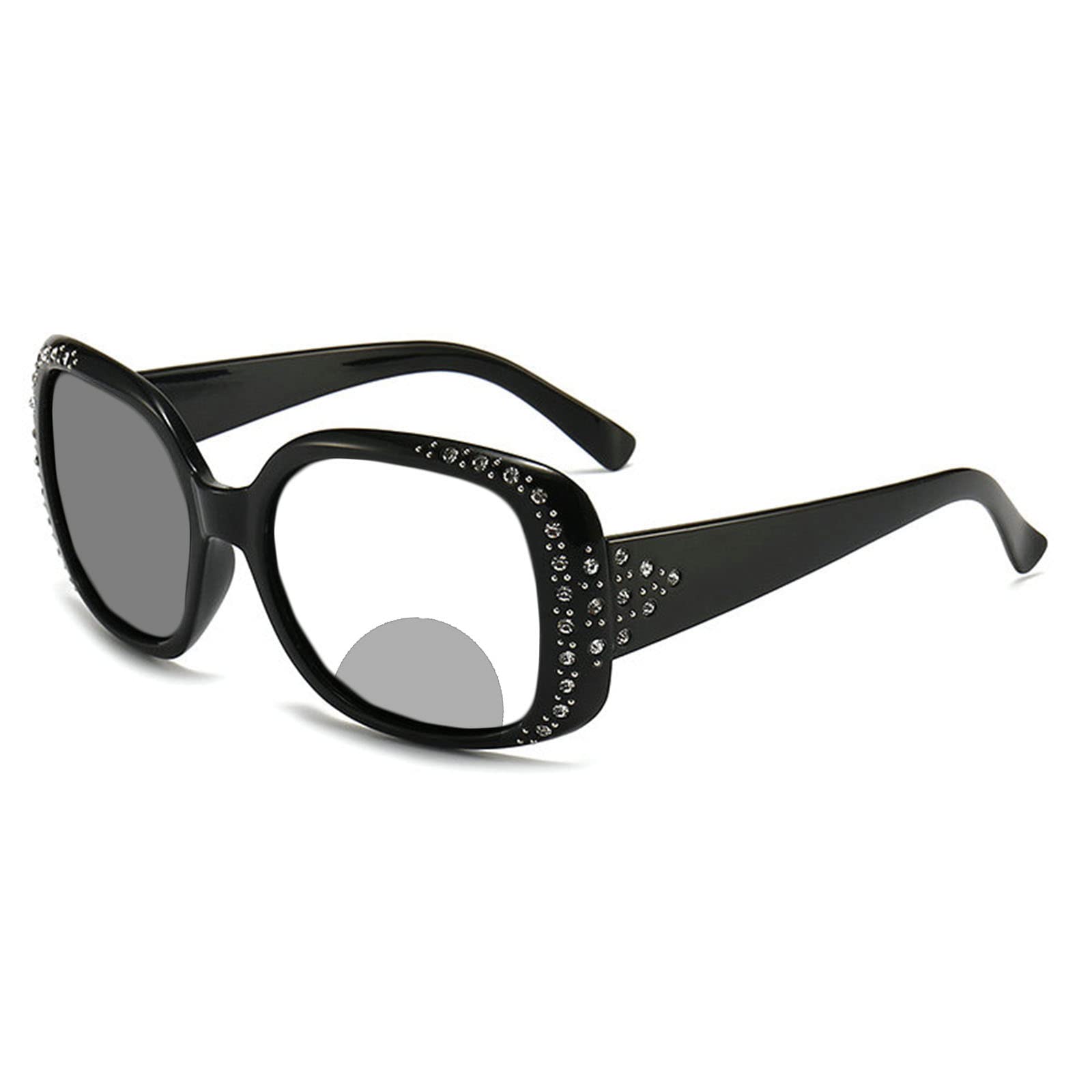 Photochromic Gray Bifocal Reading Glasses for Women - Round Rhinestone Frame - Transition Lenses for Outdoor & Driving Use
