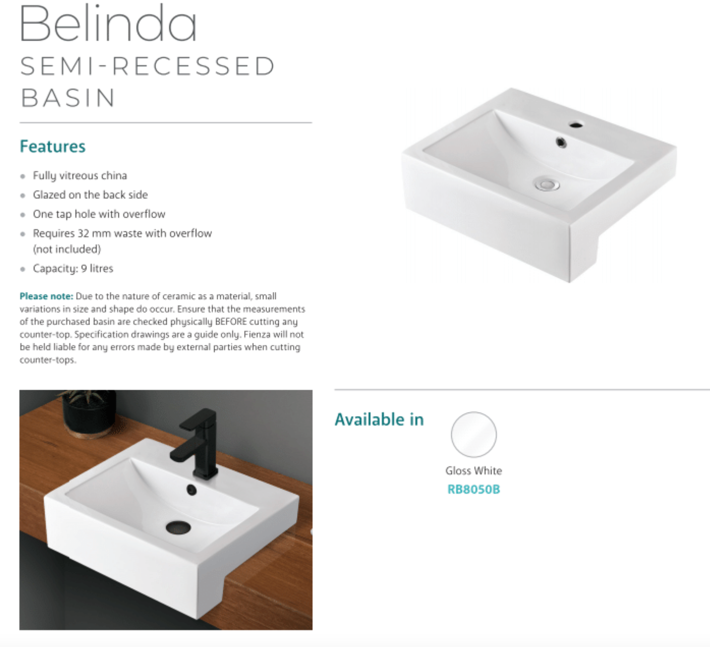 Fienza RB8050B 1 Tap Hole Semi-Recessed Bathroom Sink - White Porcelain Ceramic Basin for Modern Vanity & Powder Room Installation