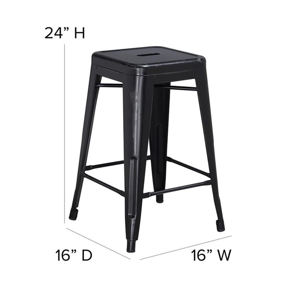 Home Square 24 Inch Metal Backless Bar Stools - Set of 3 Counter Height Stools in Distressed Black Finish for Kitchen Island, Breakfast Bar & Dining Room