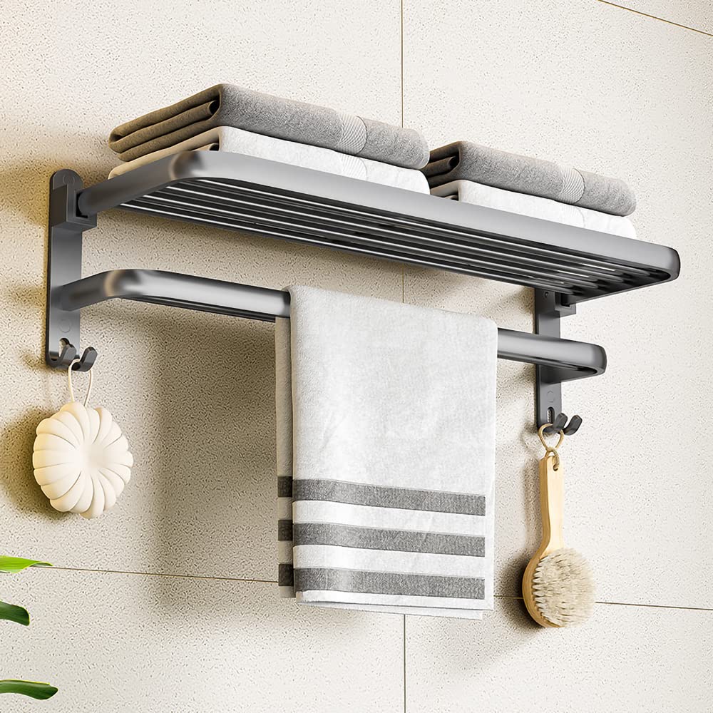 WXXGY Gun Gray Folding Towel Rack - 40-60CM Adjustable Wall Mount Bathroom Shelf with Hook Bar | Durable Aluminum Shower Hanger for Bathroom, Kitchen & Laundry Room Organization
