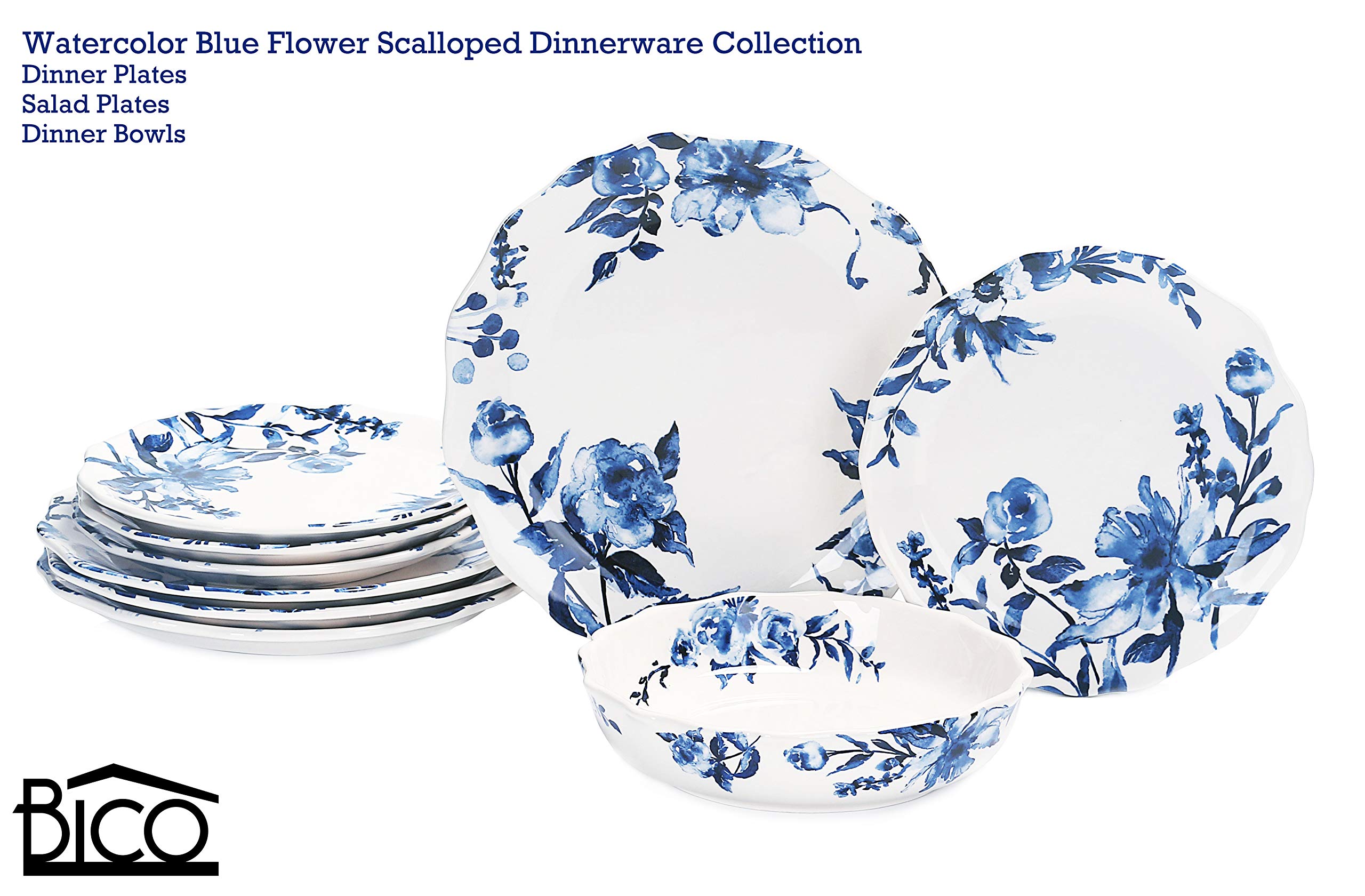Bico Blue Floral Ceramic Salad Plates Set of 4 - 8.75 Inch Scalloped Edge, Microwave & Dishwasher Safe Dinnerware for Appetizers, Desserts, and Party Serving | Perfect for Home Dining, Wedding Decor, and Holiday Entertaining