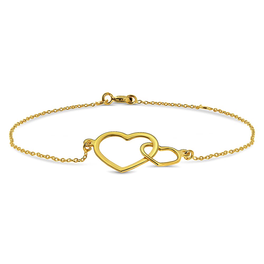 MIORE Women's Bracelet with Pendant - Elegant 9K Yellow Gold Double Heart Charm Bracelet, 18 cm Jewelry for Women | Perfect Gift for Anniversary, Valentine's Day & Special Occasions
