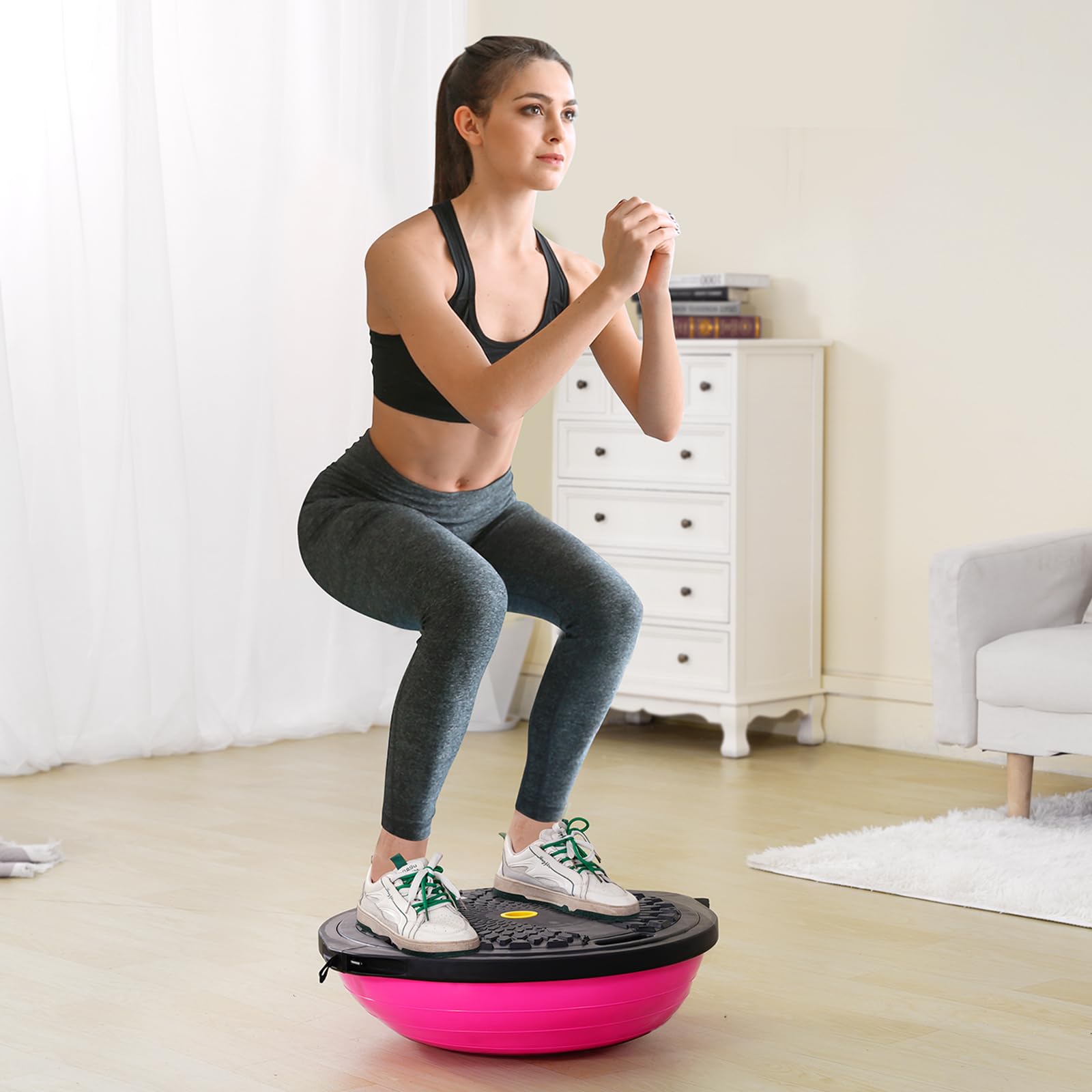 VEVOR 23/26 Inch Half Exercise Ball Trainer - 1500lbs Capacity Stability & Balance Ball with Resistance Bands & Foot Pump - Yoga Fitness Ball for Home Gym, Core Workouts, Pilates, Physical Therapy & Full Body Training (Black)