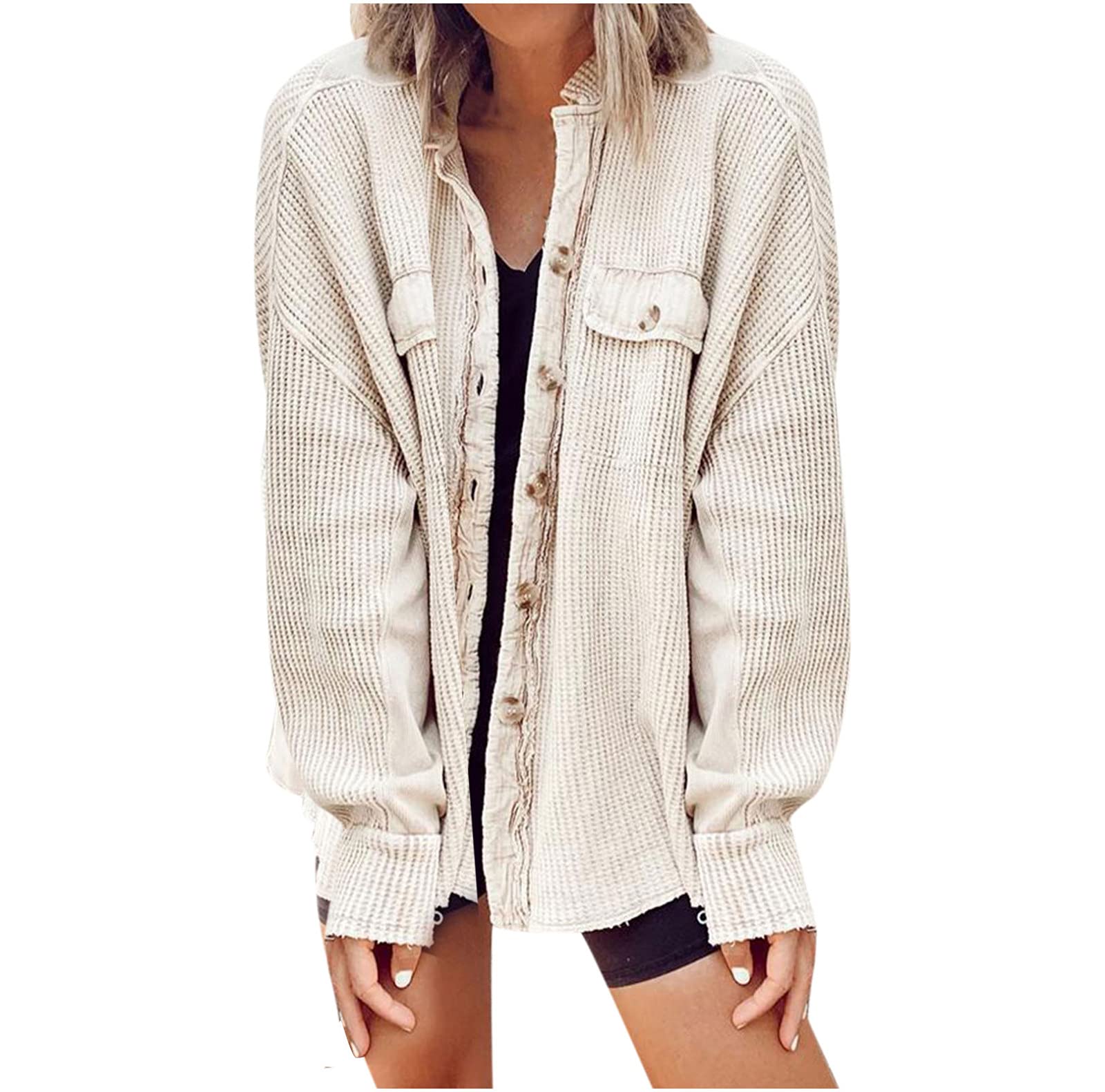 Women's Waffle Knit Shirt Jacket - Batwing Sleeve Shacket with Lapel Collar & Button Down Long Sleeve | Cozy Cardigan Outwear for Fall & Winter | Perfect for Casual Outfits, Office Wear & Layering